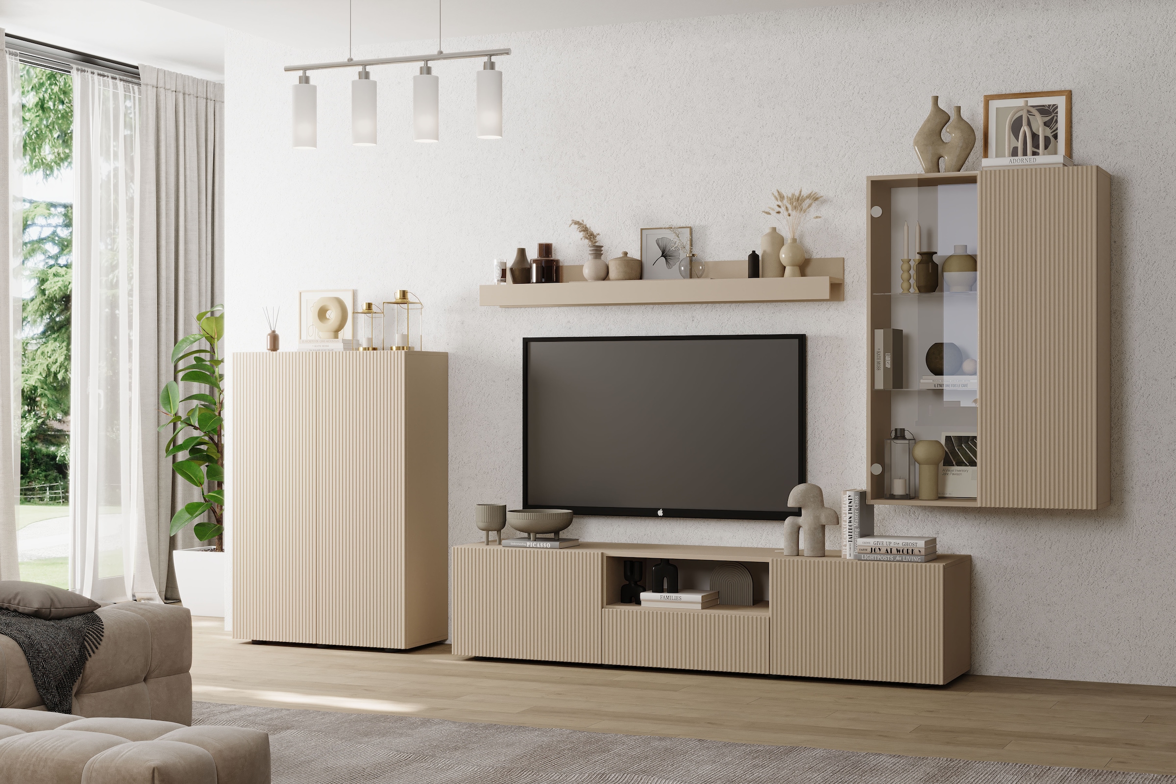 INOSIGN Wohnwand »Rio, 4tlg. Breite 300 cm, modernes, elegantes Wohnzimmer-Set«, (4 St.), (Lowboard, Highboard, Hängevitrine, Wandboard), MDF-Fronten geriffelt