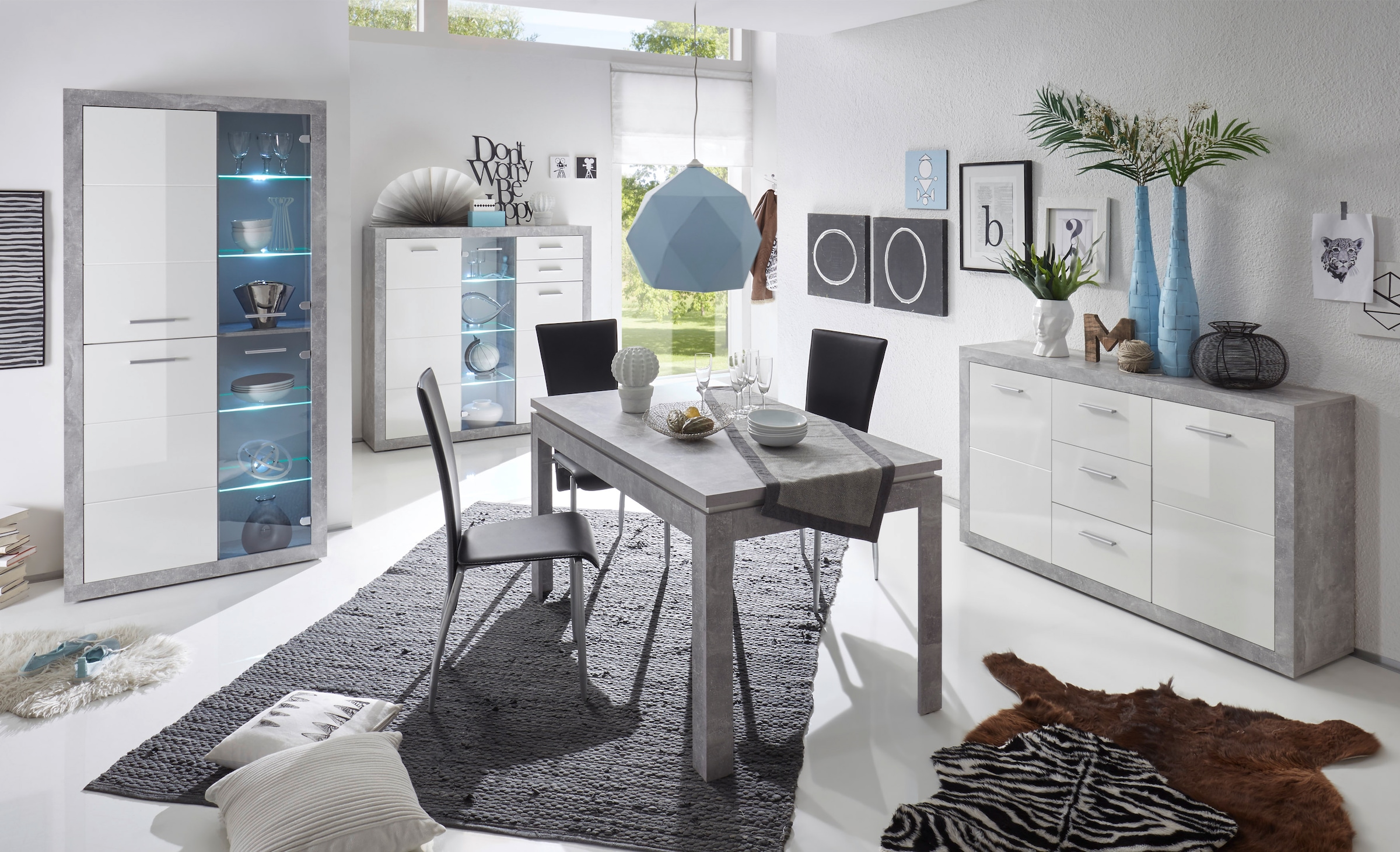 HBZ Sideboard »Stone weiss Hochglanz, Wohnzimmerschrank BxHxT 147x89x37 cm«, (1 St.), Mit 2 Türen, 3 geräumigen Schubkästen, 2 Einlegeböden verstellbar