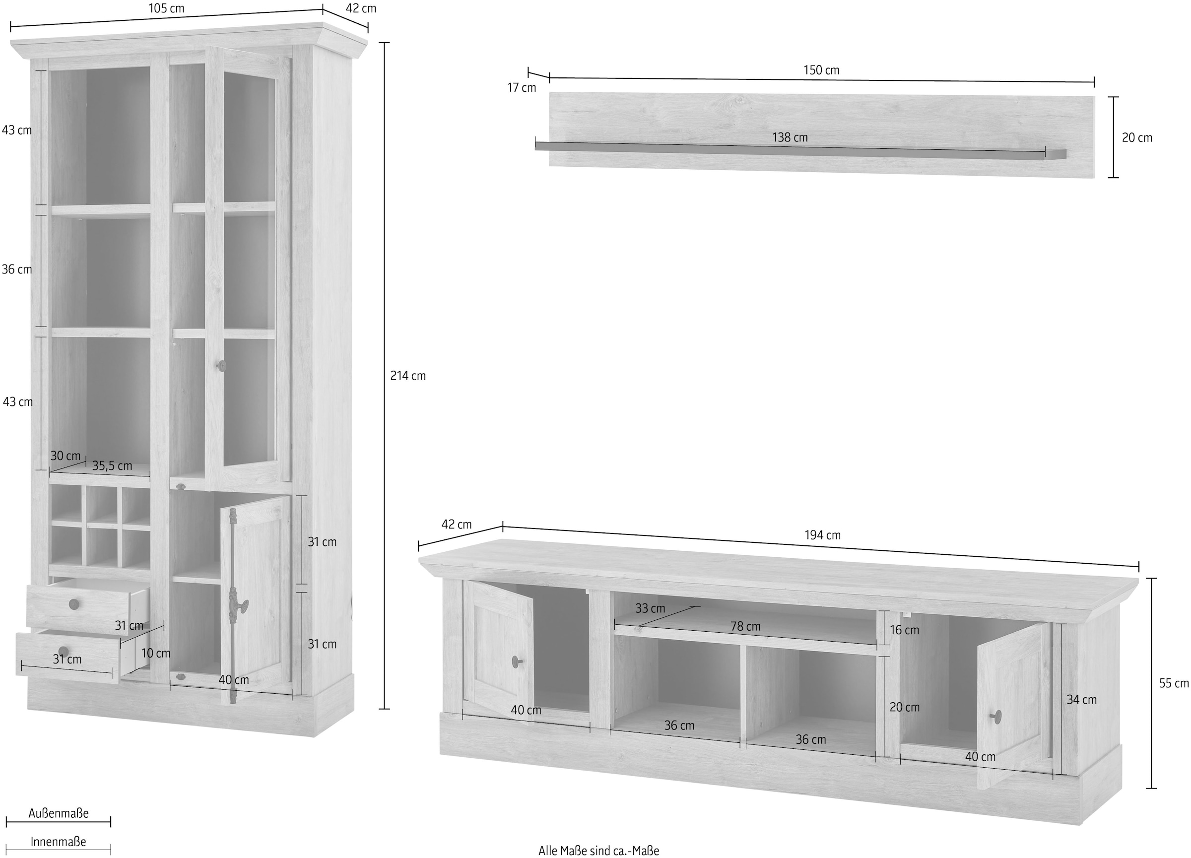 Home affaire Wohnwand »Cornwall, Anbauwand im Landhausstil, Wohnzimmer-Set, in Eiche Dekor«, (Set, 3 St.), enthält Vitrine, Lowboard, Wandboard, 309 cm breit, Metallgriffe