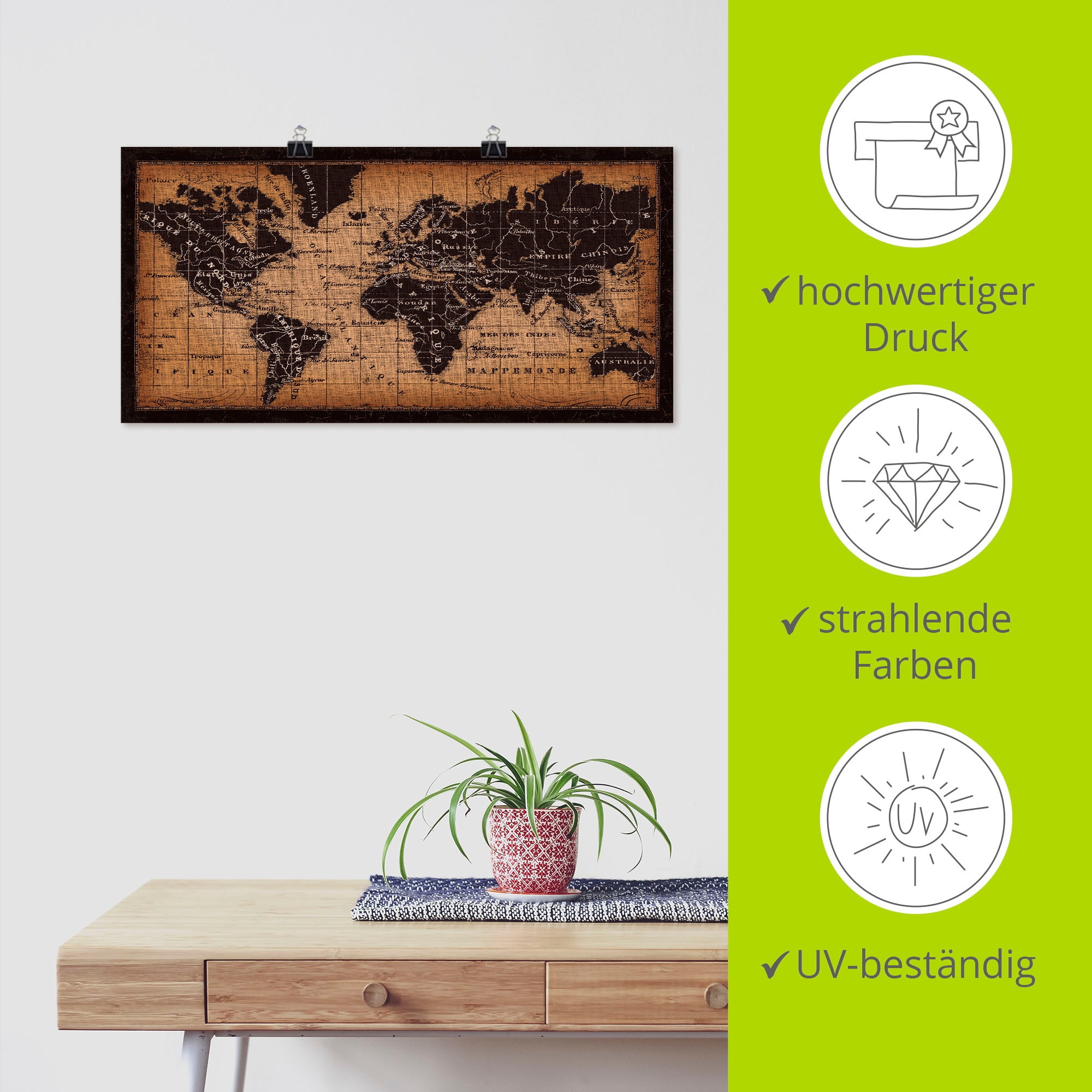 Artland Wandbild »Alte Weltkarte«, Landkarten, (1 St.), als Leinwandbild, Poster, Wandaufkleber in verschied. Grössen