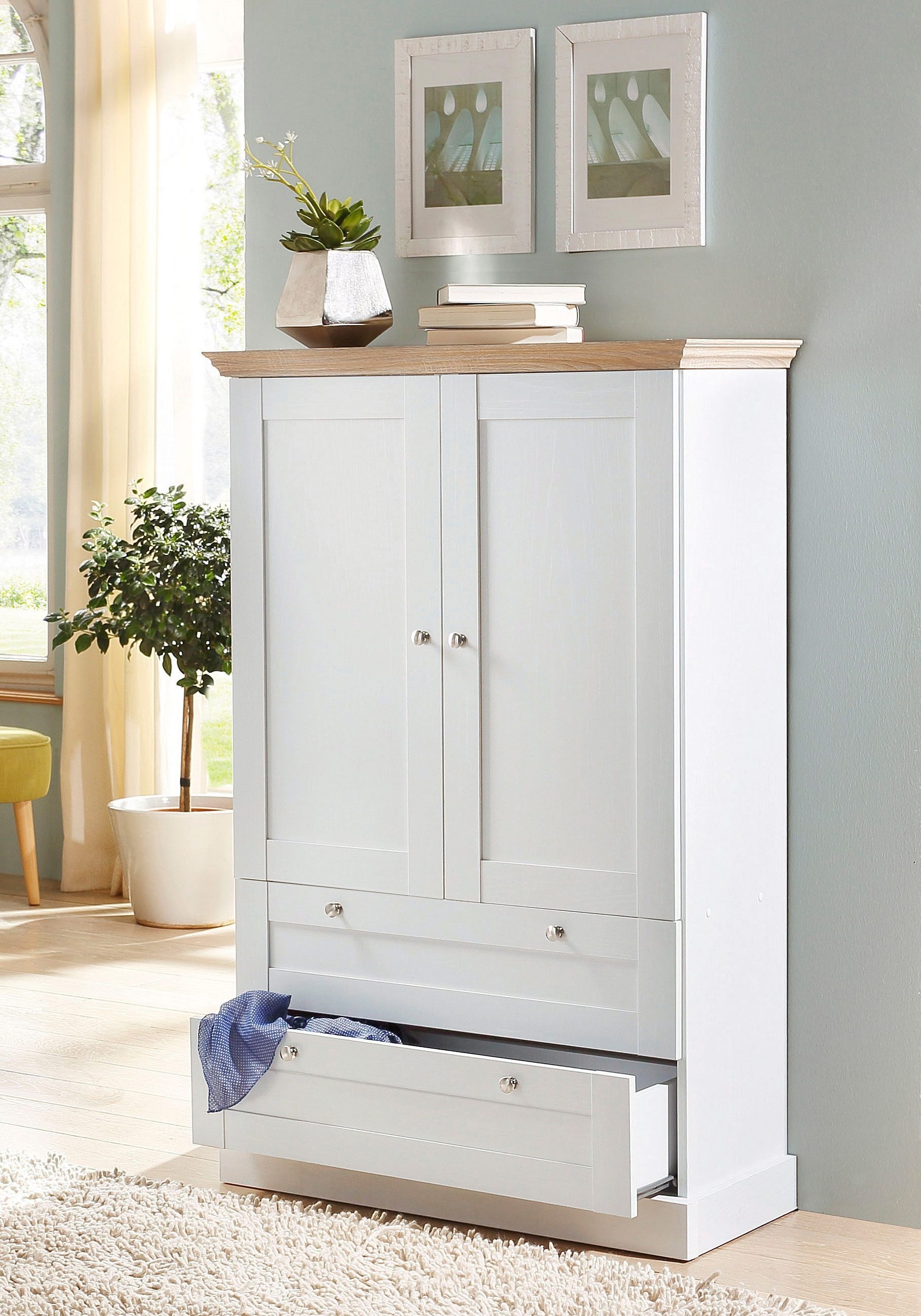 OTTO home Kleiderschrank "Binz, Wäscheschrank, Mehrzweckschrank, skandinavischer Landhausstil" B/H/T ca. 84/130/35 cm, viele Stauraummöglichkeiten, Metallgriffe, Türen mit Rahmen/ Kassetten