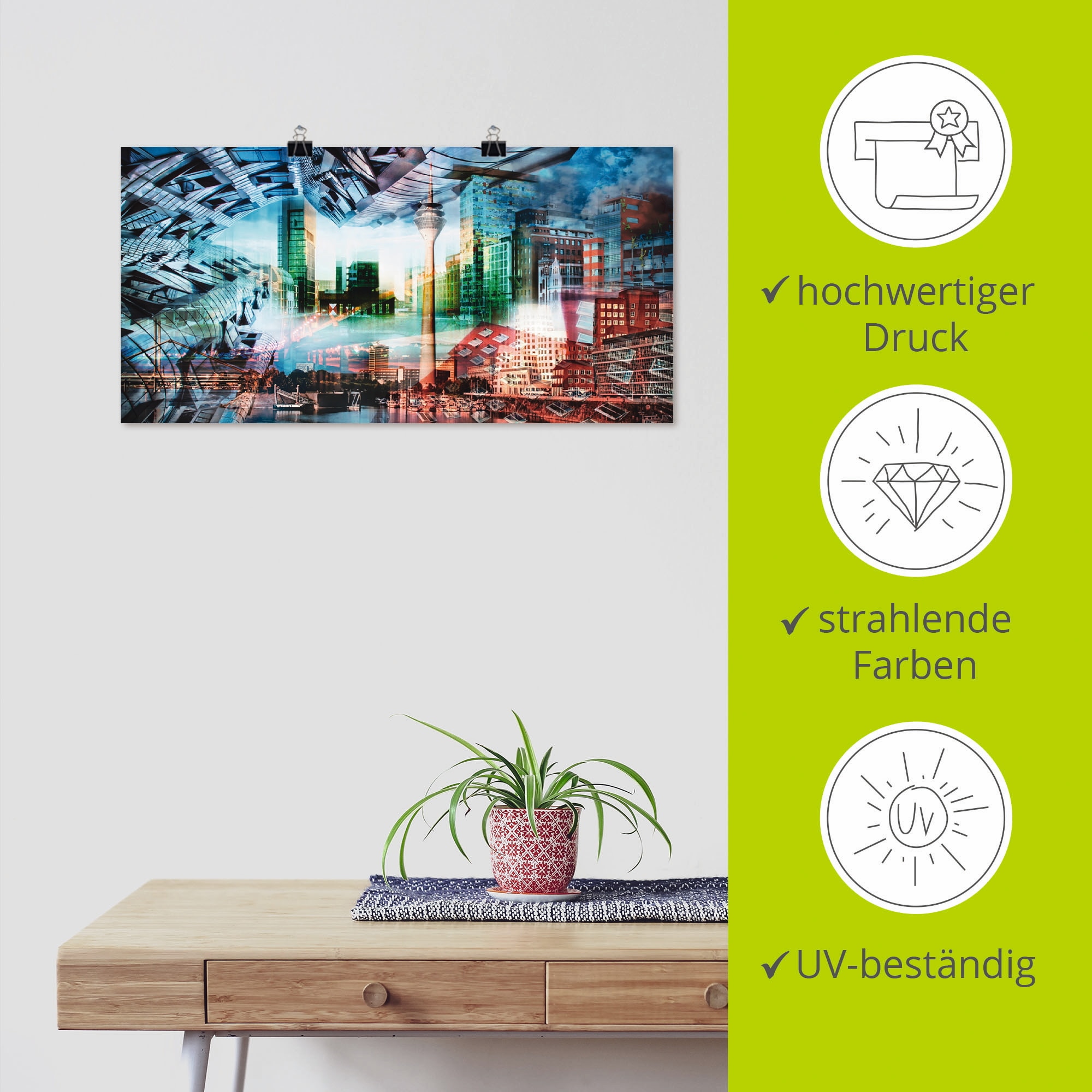 Artland Poster »Düsseldorf Skyline Collage VII«, Architektonische Elemente, (1 St.), als Leinwandbild, Wandaufkleber oder Poster in versch. Grössen