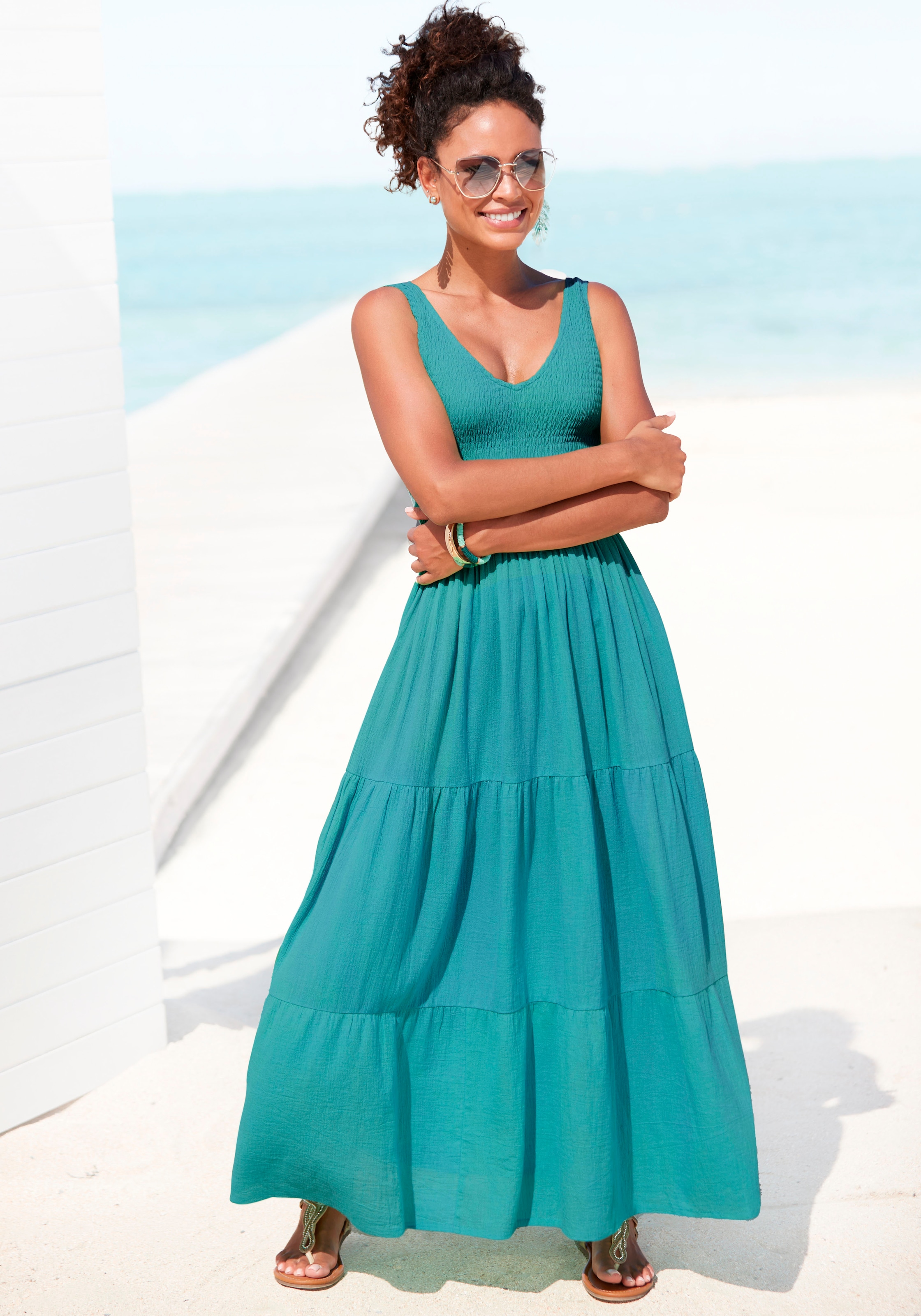 Beachtime Maxikleid, aus gewebter Baumwolle, Sommerkleid mit gestuftem Rock