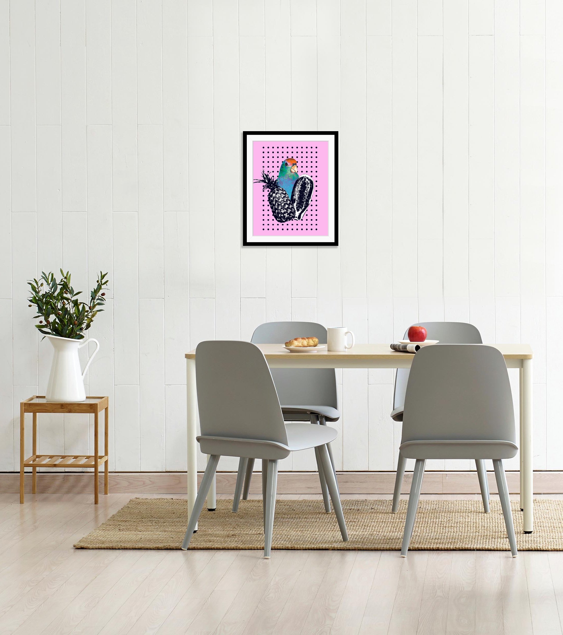 queence Bild »Luana«, Ananas-Vögel-Vogelbilder-Süssigkeiten-Süssspeisen-Foto-Kunst-Papageien, HD Premium Poster-Druck inkl. Holzrahmen