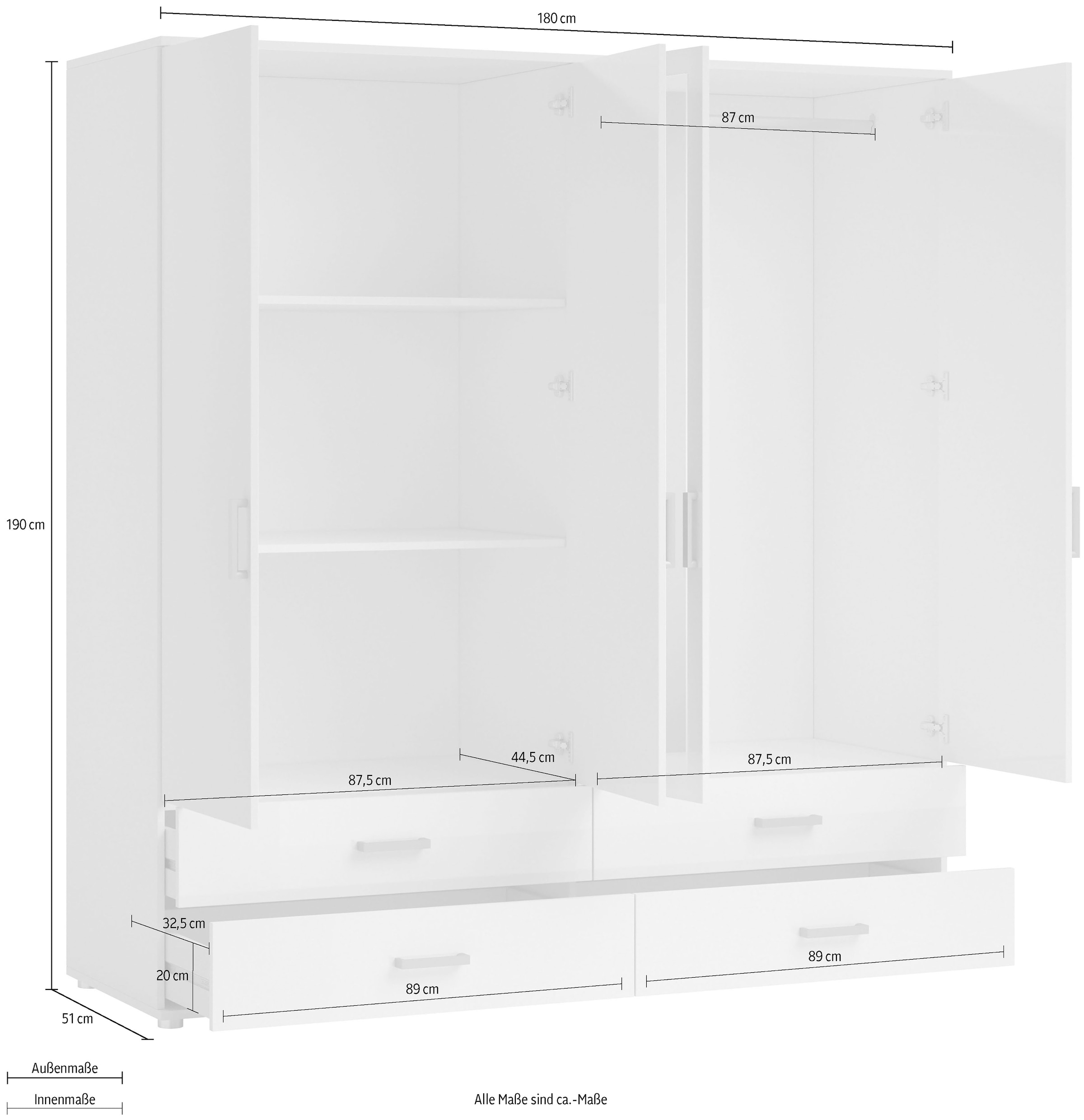 Schlafkontor Drehtürenschrank »Ivar Kleiderschrank mit Spiegel«, inklusive 2 Spiegeltüren und 4 farblich abgesetzten Schubkästen