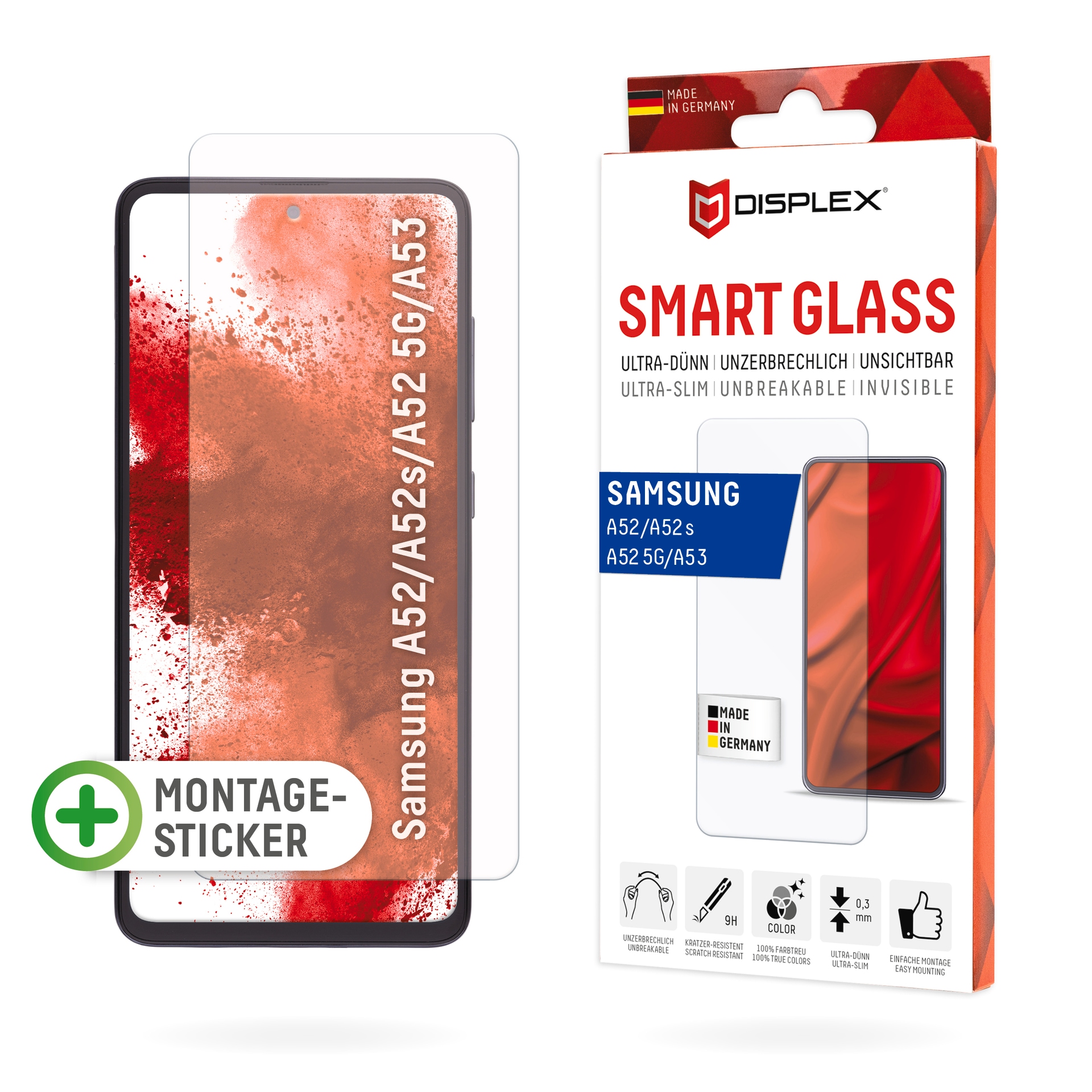 Displex Displayschutzglas »Smart Glass - Samsung A52/A52(s) 5G/A53 5G« Displayschutzfolie Displayschutz kratzer-resistent 9H unzerbrechlich