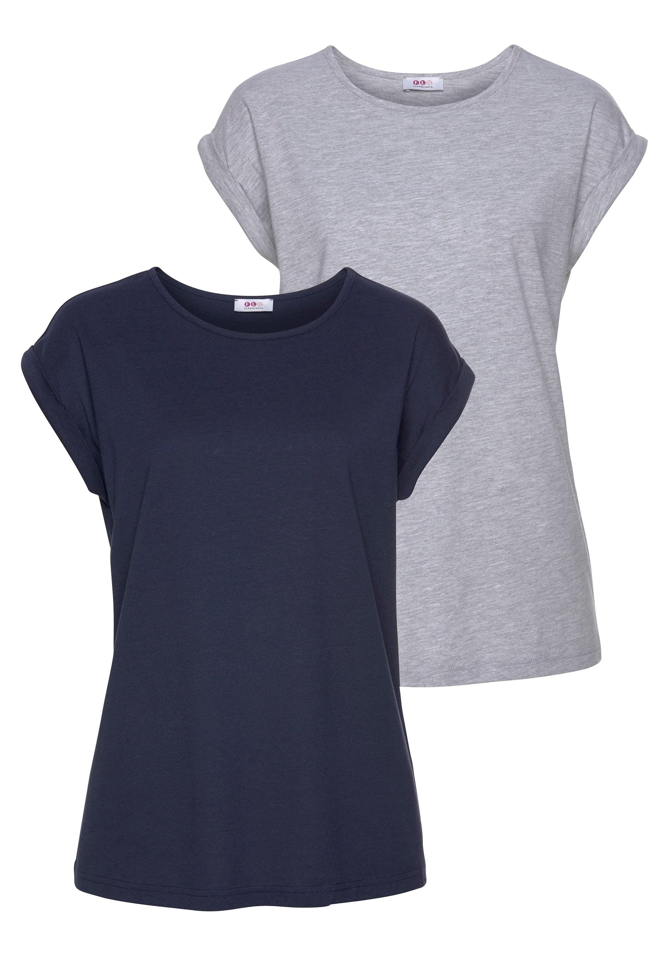T-Shirt, (2er-Pack), mit überschnittenen Schultern & kleinem Ärmelaufschlag