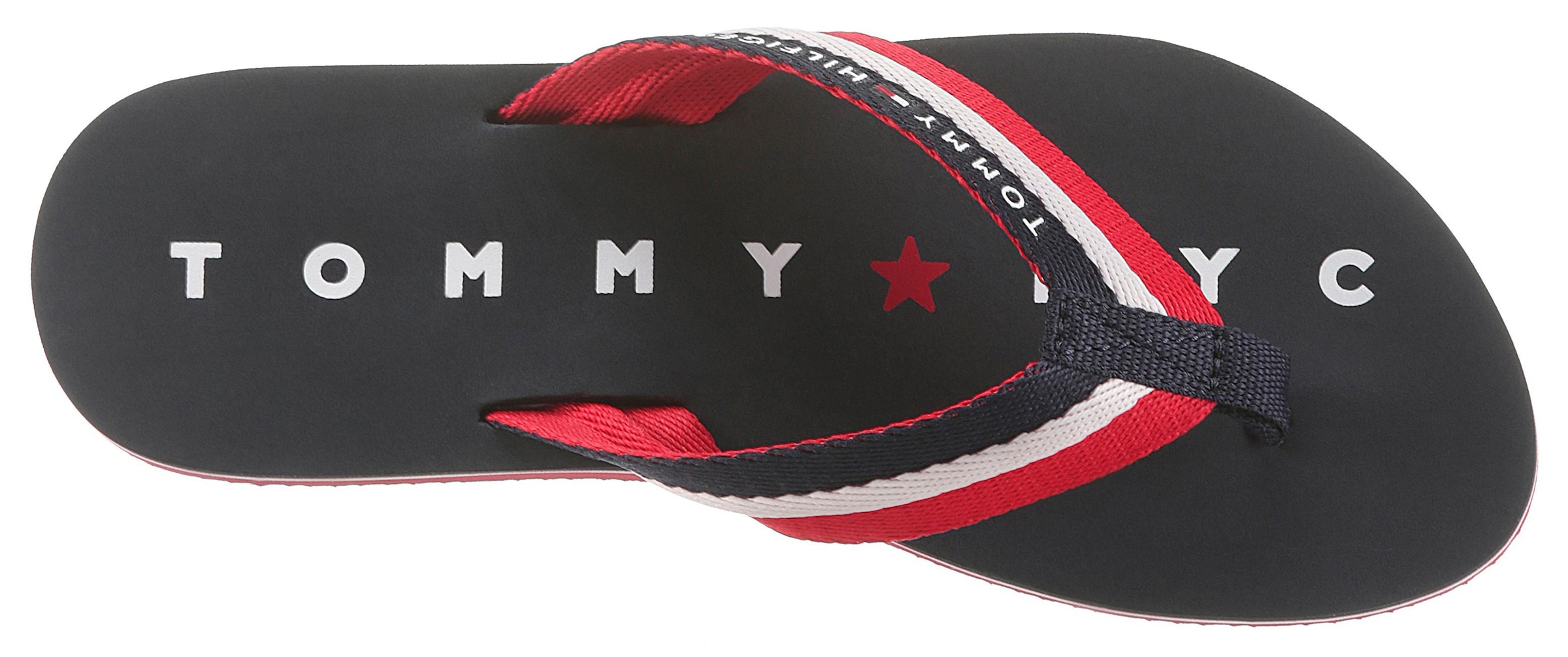 Tommy Hilfiger Zehentrenner »TOMMY LOVES NY BEACH SANDAL«, Sommerschuh, Schlappen, Poolsildes mit Logo auf der Laufsohle