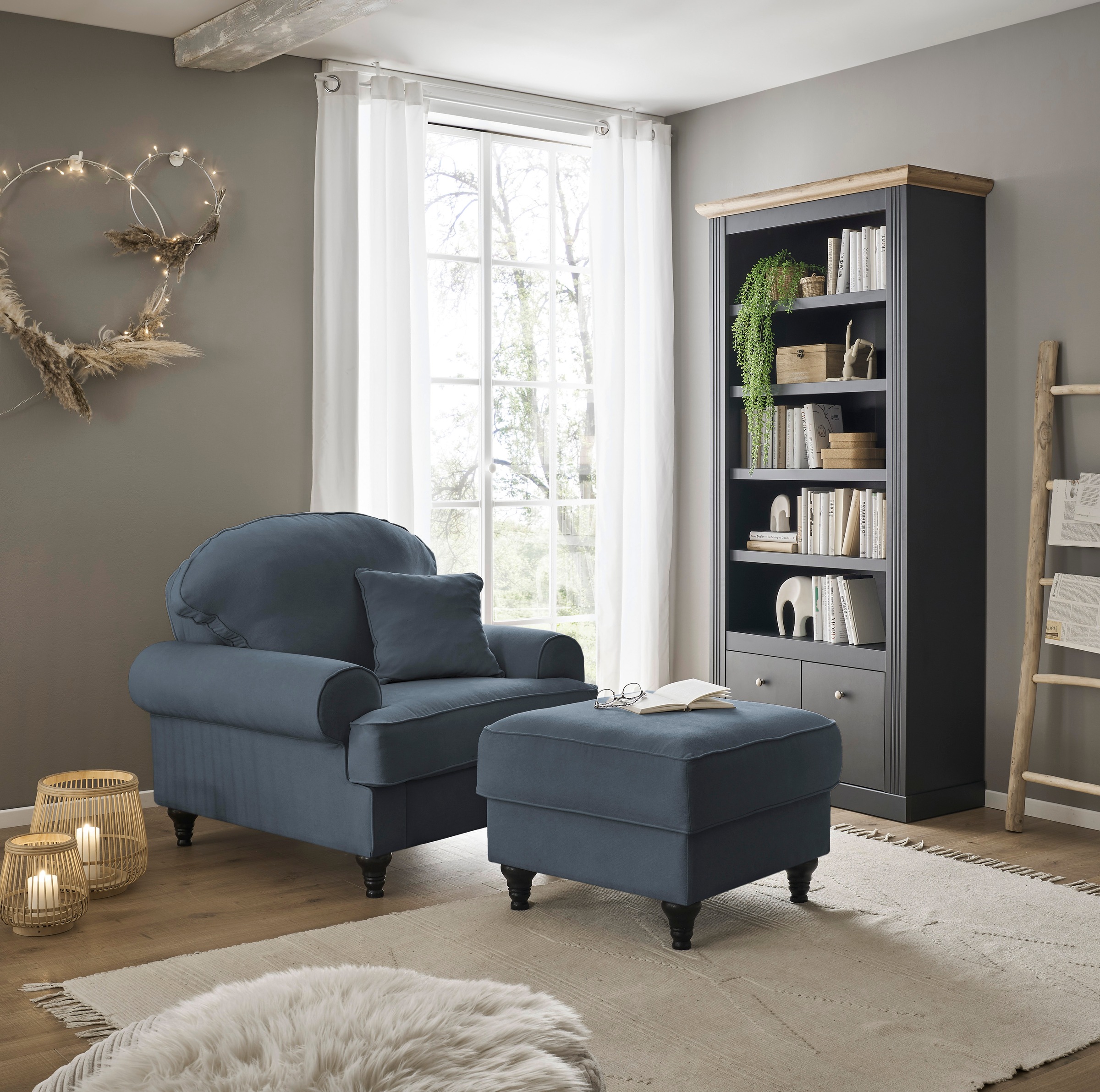 GOODproduct Sessel "Westminster, Set in hochwertigem Microfaserbezug, 5 Farben verfügbar" Set, 1Sessel, 1 Hocker, 2 Stk. tlg. Enthält Sessel & Hocker, Federkern-Polsterung, gedrechselter Fuss