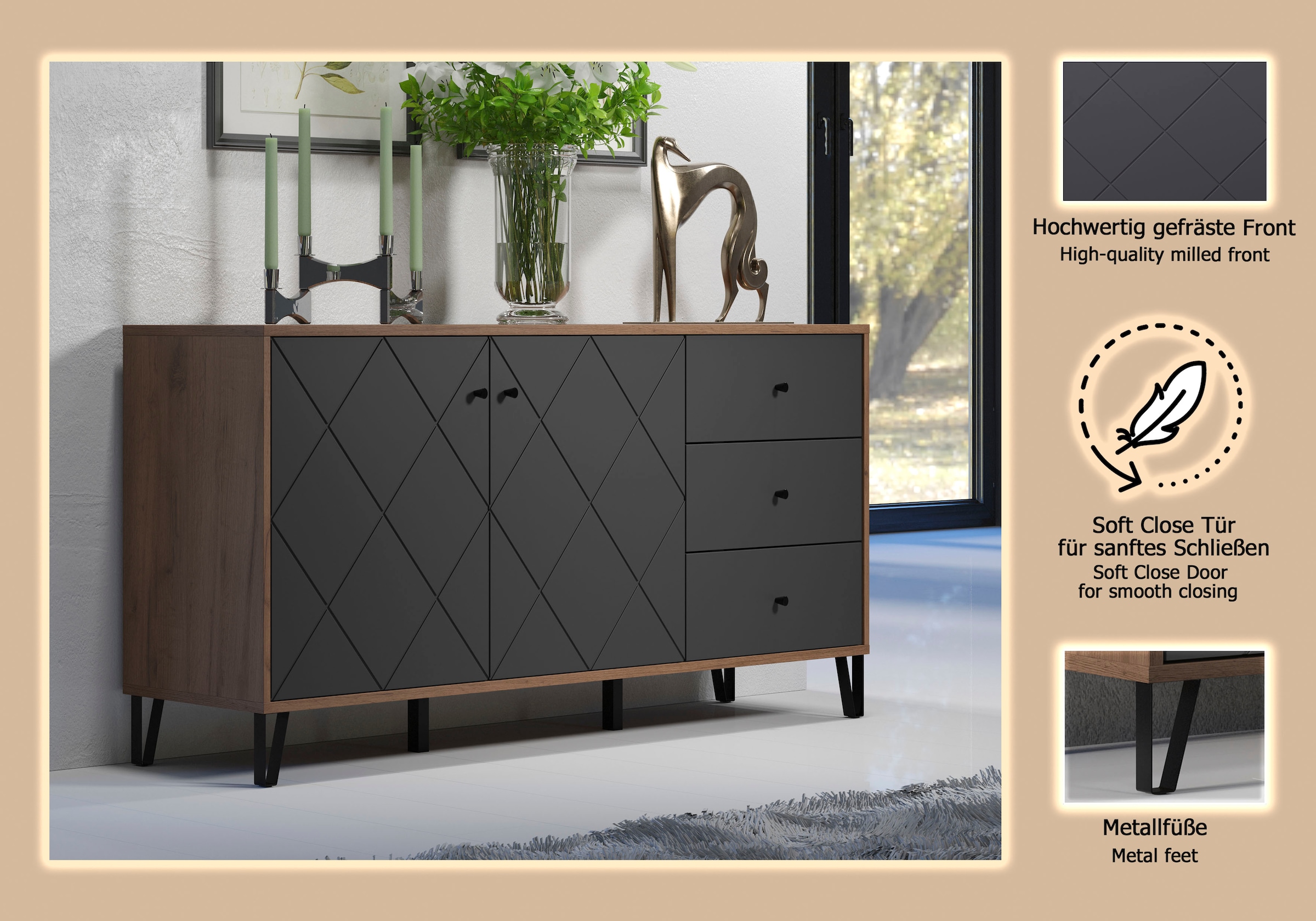 Places of Style Sideboard »Molveno«, (1 St.), Sideboard, 2 Türen, 3 Schubkasten & Soft-Close - (B/T/H) 183/40/76 cm