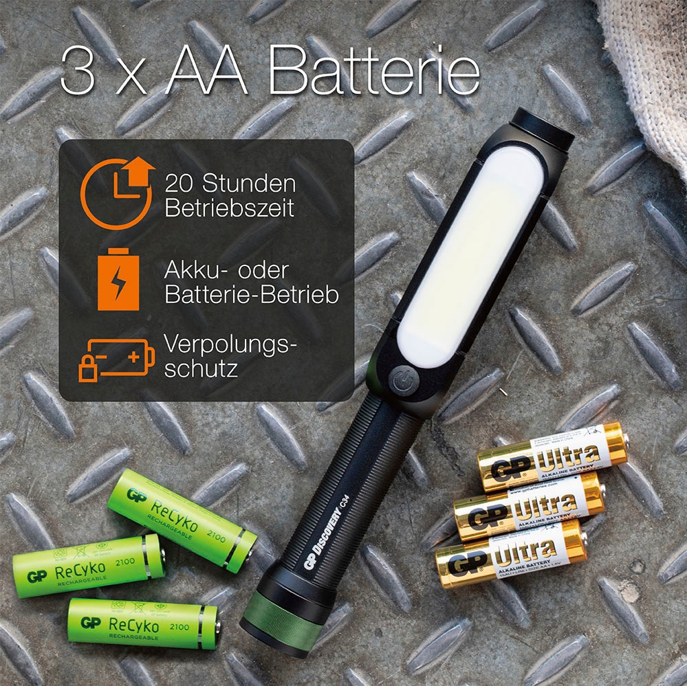 GP Batteries Taschenlampe »Discovery C34«, Lumen 150 kaufen online Jelmoli-Versand Lumen, & Front | Endkappe 180 seitlich magnetische