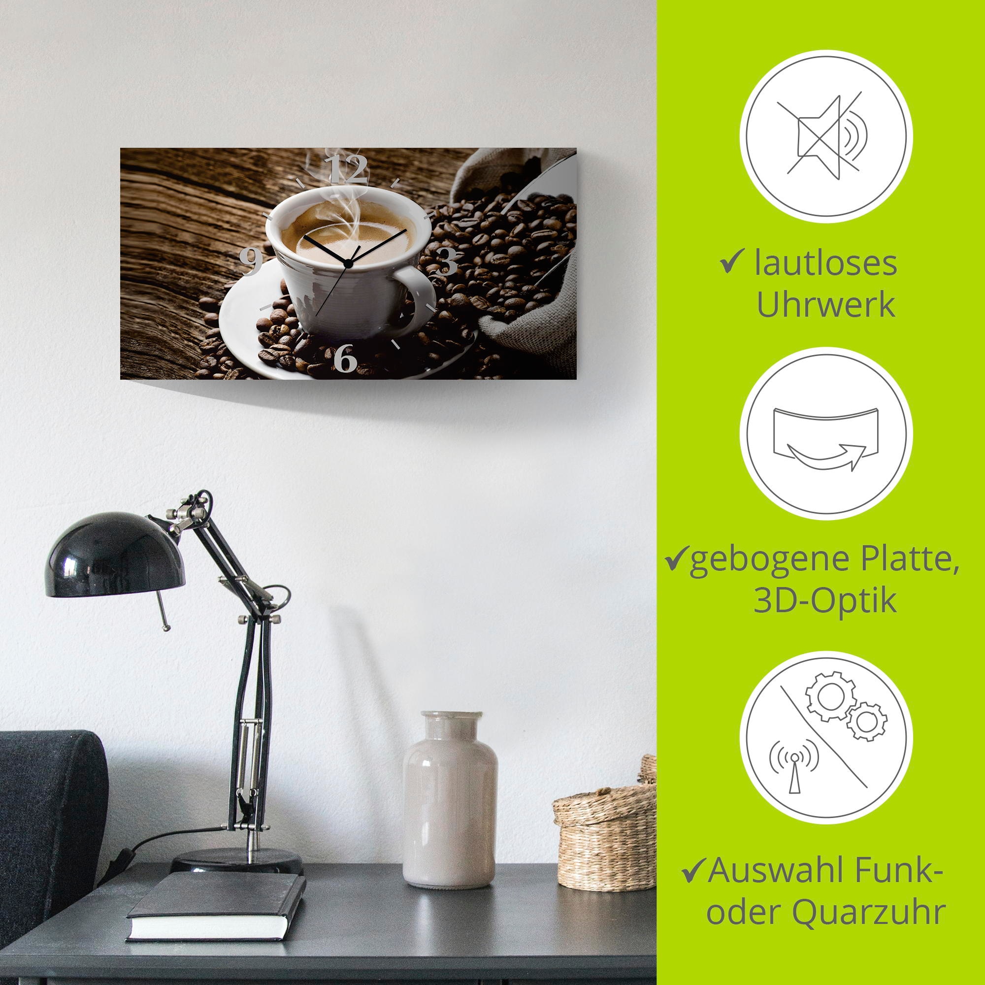 Artland Wanduhr »Heisser Kaffee - dampfender Kaffee«, 3D Optik gebogen, mit Quarz- oder Funkuhrwerk, versch. Grössen