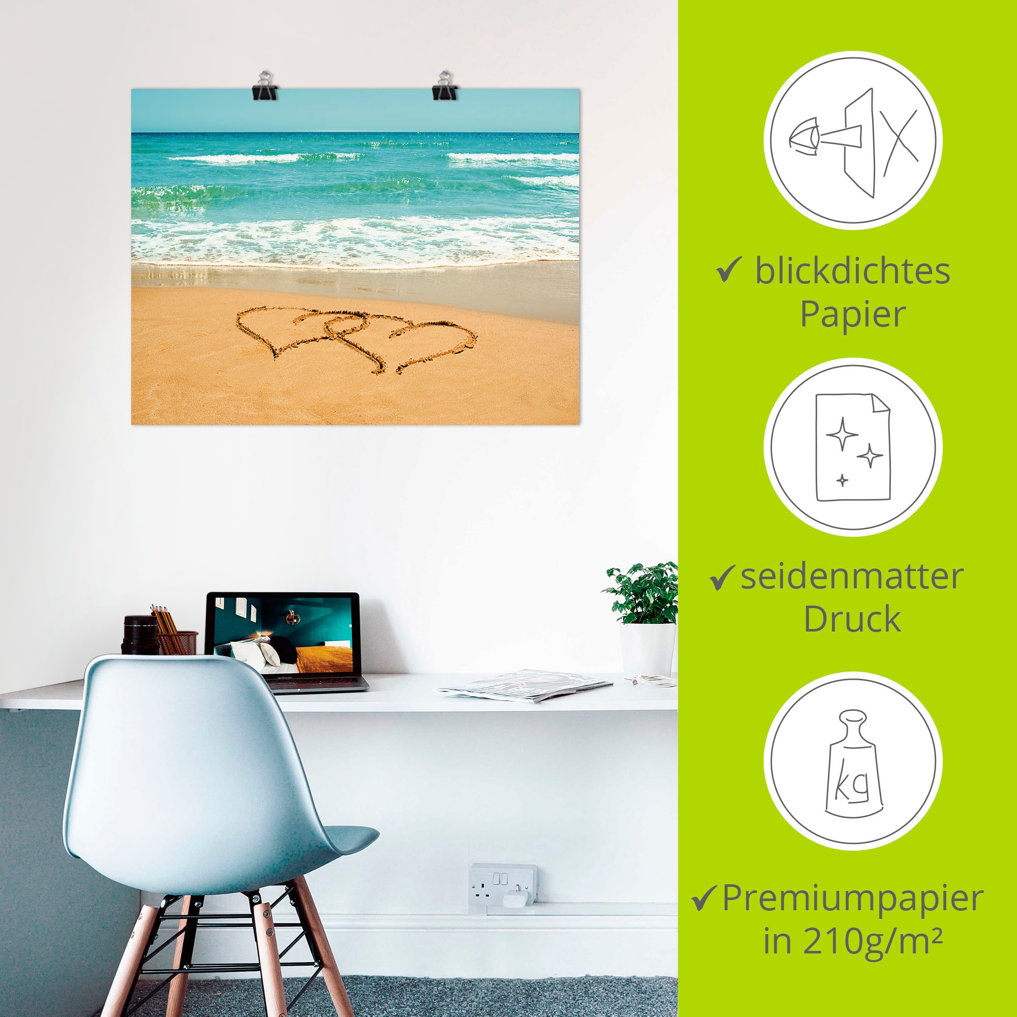 Artland Poster »Herzen im Sand«, Strand, (1 St.), als Alubild, Leinwandbild, Wandaufkleber oder Poster in versch. Grössen