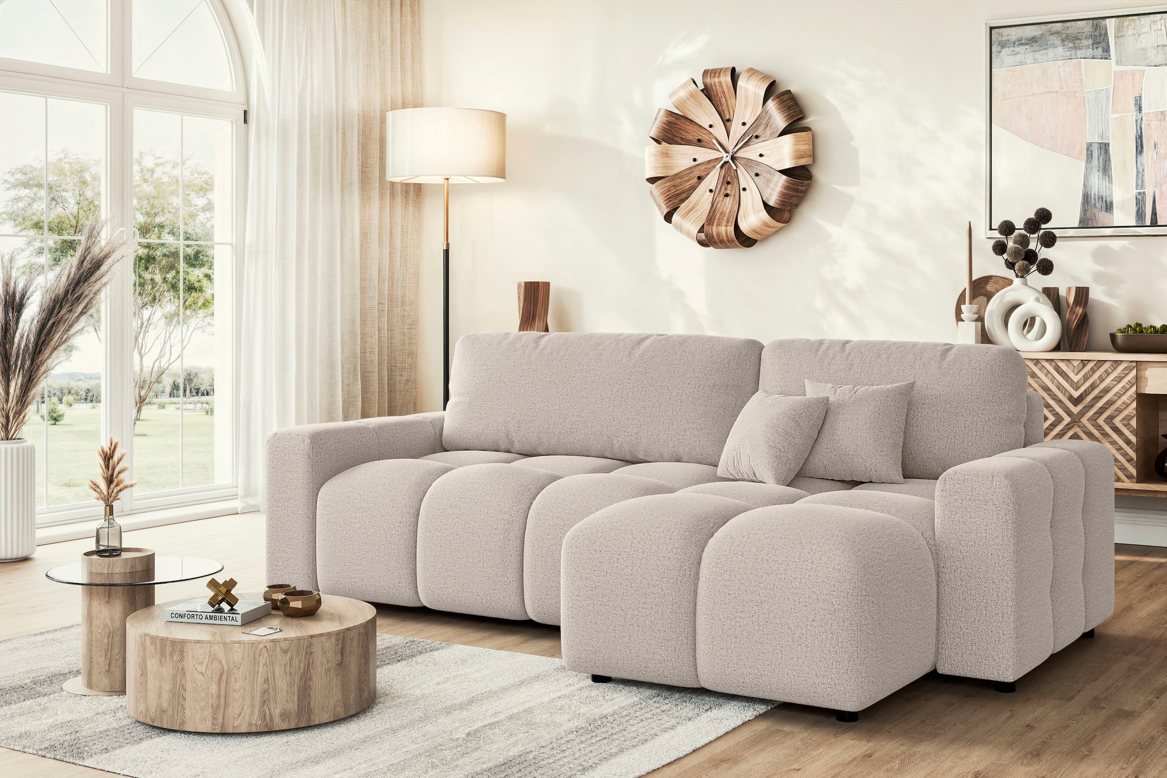 INOSIGN Ecksofa »FELICI, Schlafsofa 233cm, L-Form mit Recamiere beidseitig montierbar«, Designsofa mit Bettfunktion und Bettkasten, Masse B/T/H: 233/142/88 cm