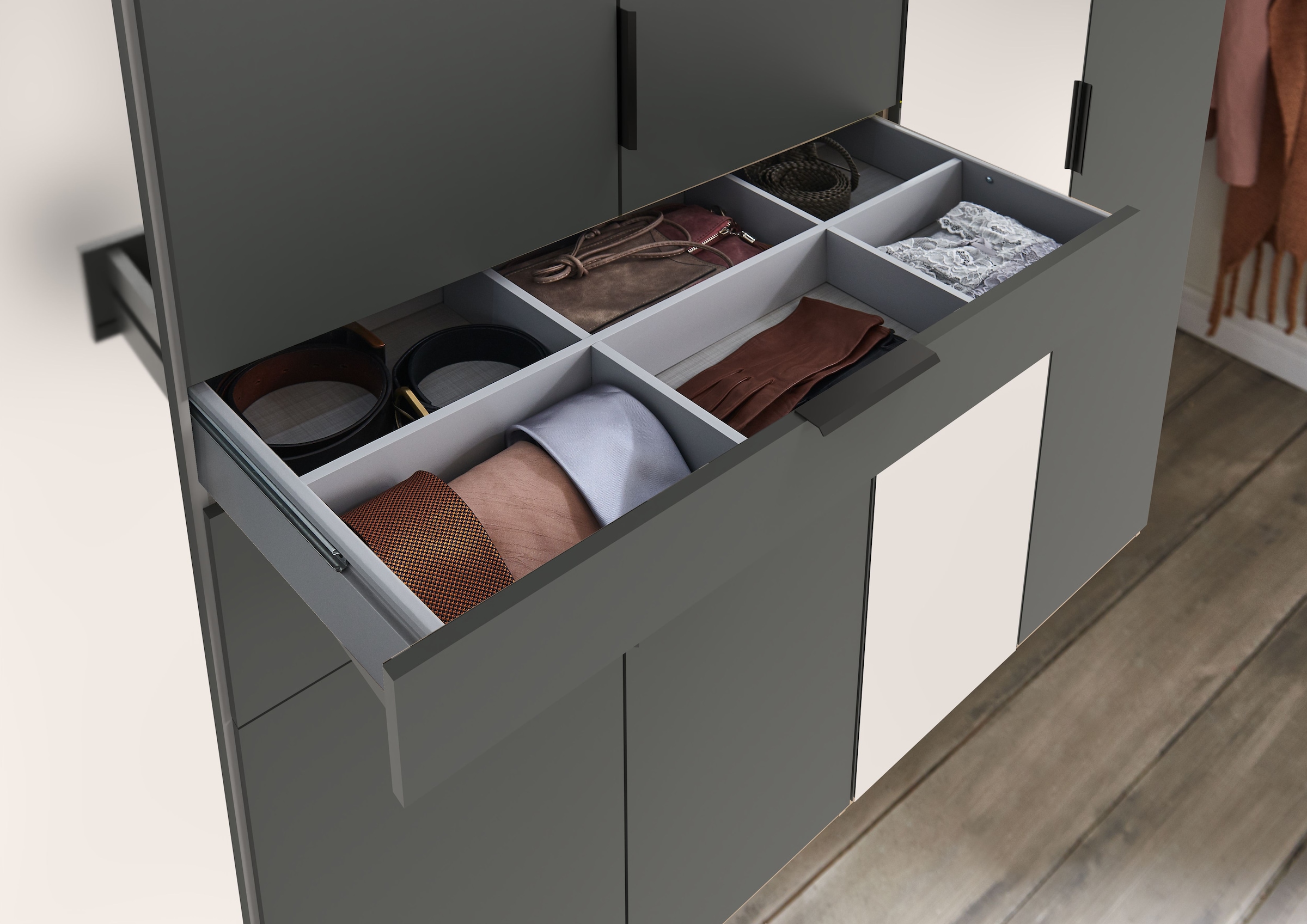 Wimex Drehtürenschrank »Moldau. Lieferung bis in Deine Etage«, Kleiderschrank mit Spiegel, 2 Schubladen in 2 Breiten schwarze Griffe