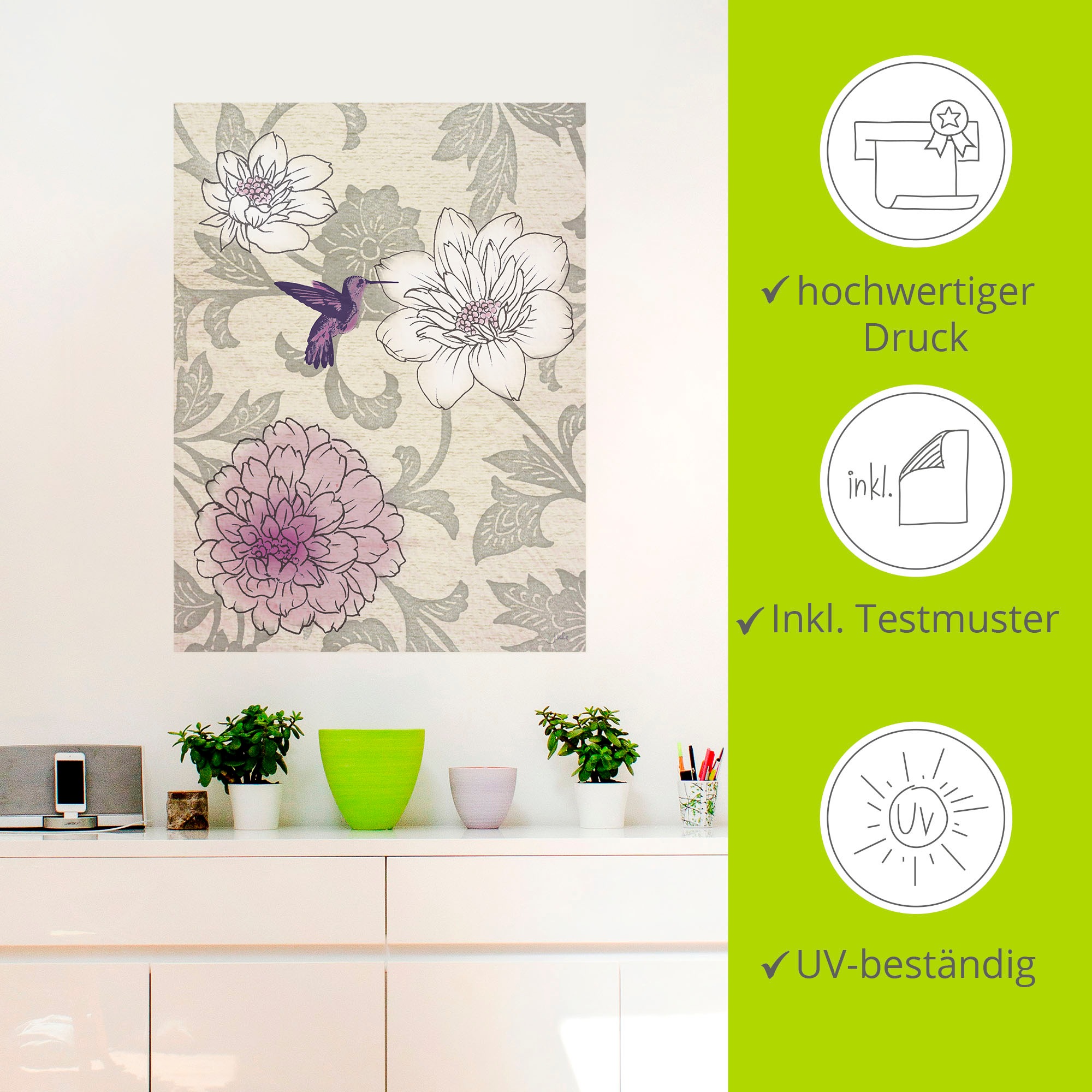 Artland Wandbild »Blumenmuster mit Kolibri«, Blumen, (1 St.), als Poster, Wandaufkleber in verschied. Grössen