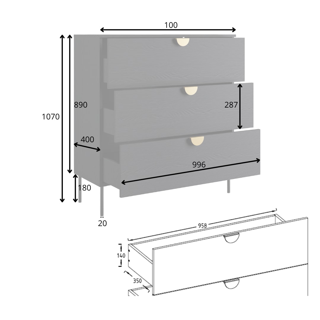 Leonique Kommode »BELLOT Sideboard mit 3 Schubladen, Masse B/T/H: 100/40/107 cm«, auf Metallfüssen, mit goldfarbenenen Metallgriffe