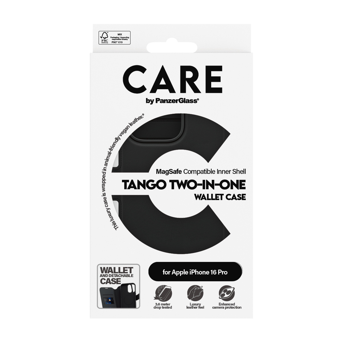 CARE by PanzerGlass Handyhülle »Case Feature Tango 2-in-1 Wallet Case Apple iPhone 16 Pro«, Backcover, Schutzhülle, Handyschutzhülle, Case, Schutzcase, stossfest