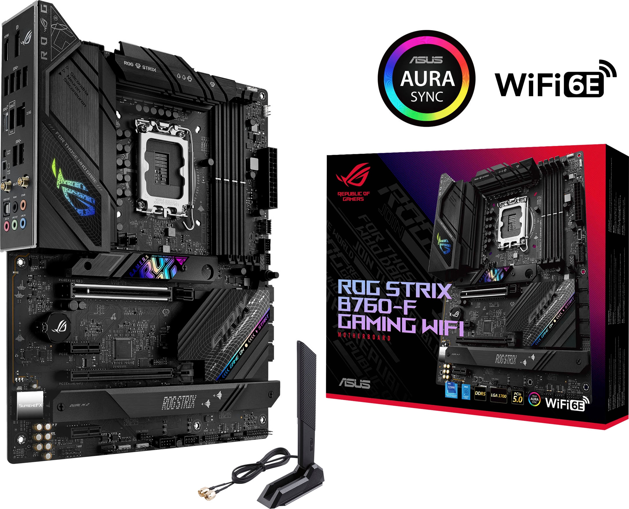 Asus Mainboard »ROG STRIX B760-F GAMING WIFI«, DDR5 Speicher, PCIe 5.0, WiFi 6E, 3x PCIe 4.0 M.2, Aura Sync