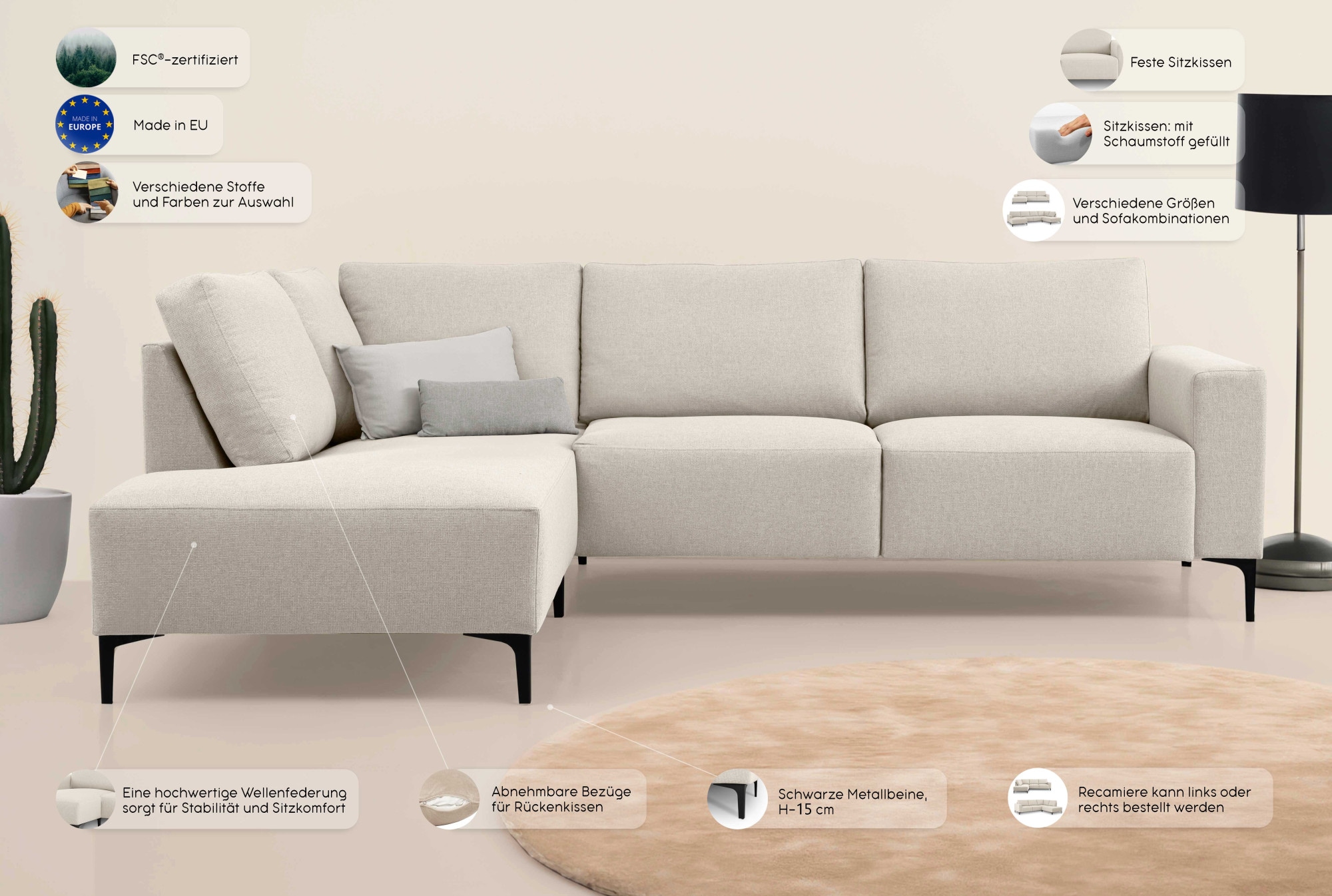 Home affaire Wohnlandschaft »Tournon U-Form, XXL Sofa, Breite 333 cm, Webstoff, Chenille«, Designsofa im nordischen Stil, Wellenunterfederung, Metallfüsse