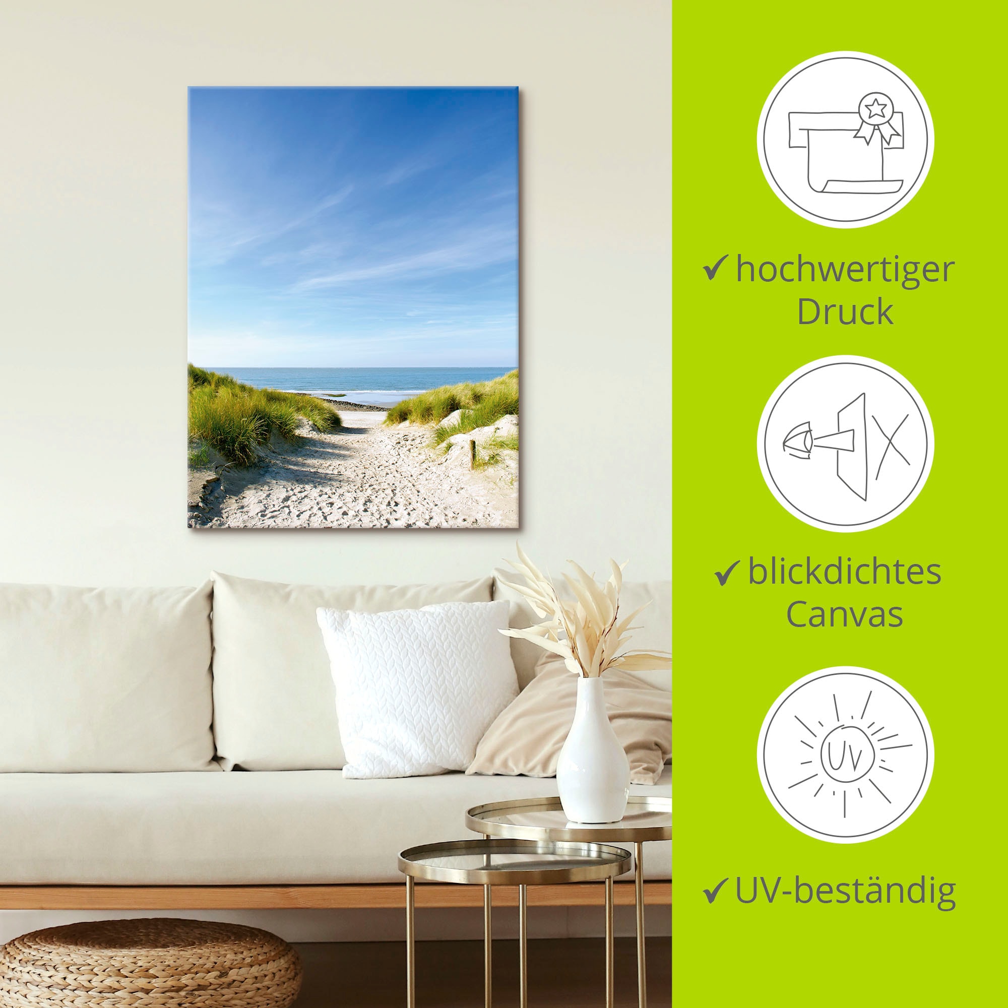 Artland Wandbild »Strand mit Sanddünen und Weg zur See«, Strand, (1 St.), als Alubild, Outdoorbild, Leinwandbild, Poster, Wandaufkleber