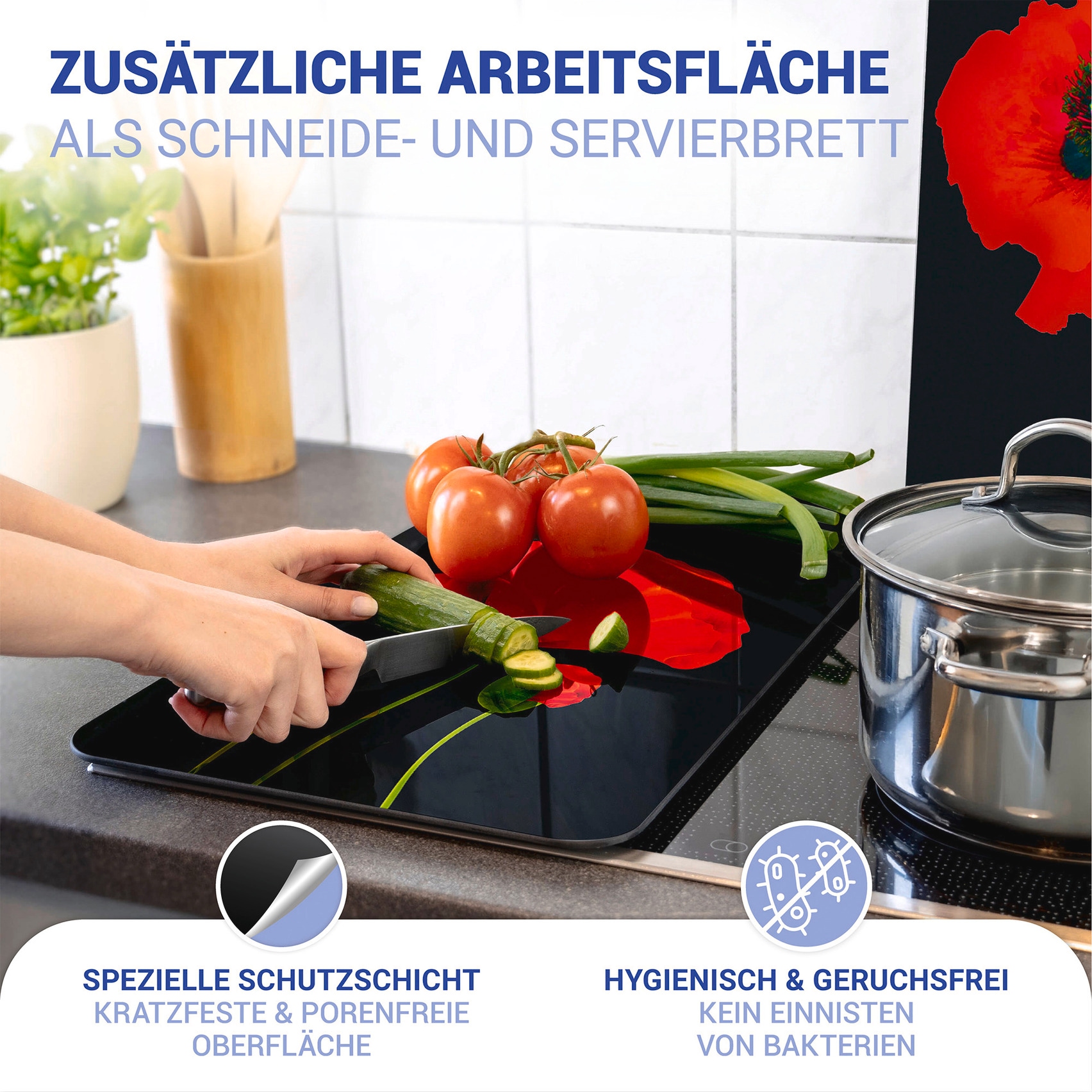 WENKO Herd-Abdeckplatte »Universal Modell Mohn«, (Set, 2 tlg.), Herdabdeckung für alle Herdarten, kratzfest, mit rutschfesten Füssen
