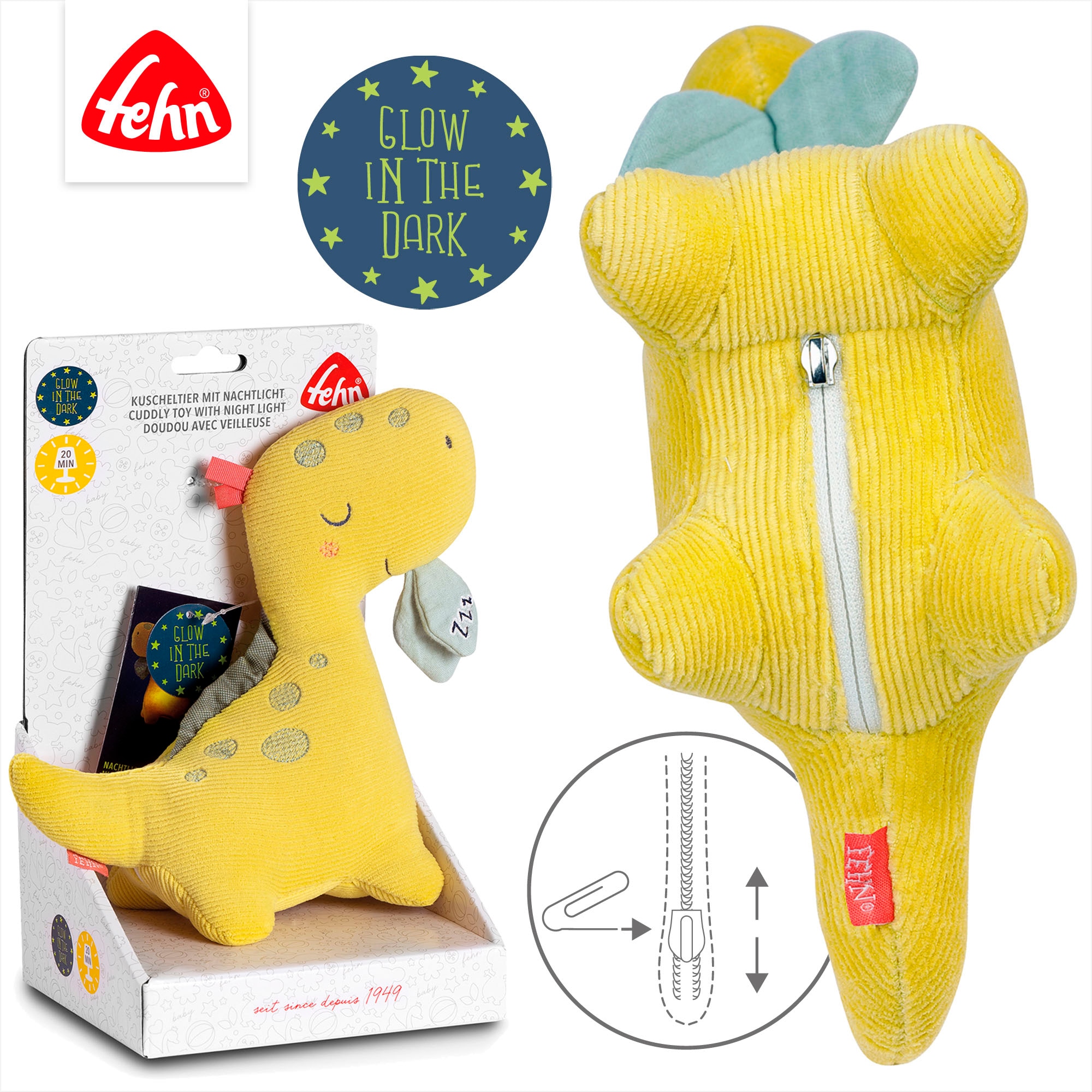 Fehn Kuscheltier »Happy Dino«, mit »Glow-in-the-dark«-Bestickung & Nachtlicht-Modul