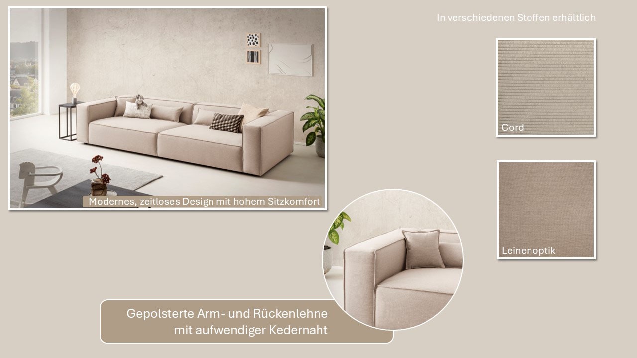 LeGer Home by Lena Gercke 3-Sitzer »PIARA, XXL Sofa mit Kedernaht, Big-Sofa in Cord oder Leinenoptik«, schwarze Füsse, bequemer Sitzkomfort, extra tiefe Sitzfläche