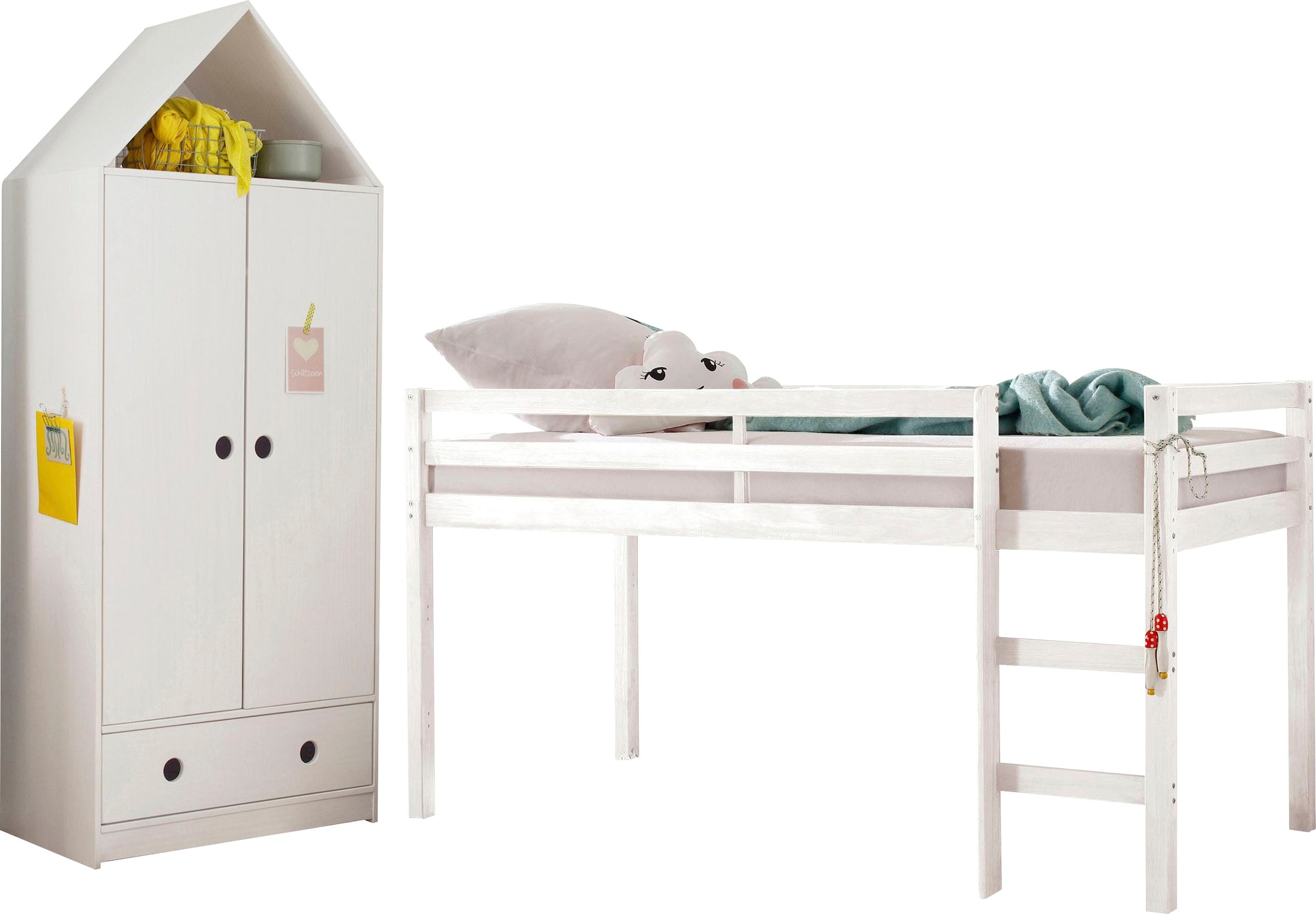 Lüttenhütt Jugendzimmer-Set »Alpi«, (Spar-Set, 2 St.), Hochbett und Kleiderschrank in Hausoptik, perfekt für kleine Räume