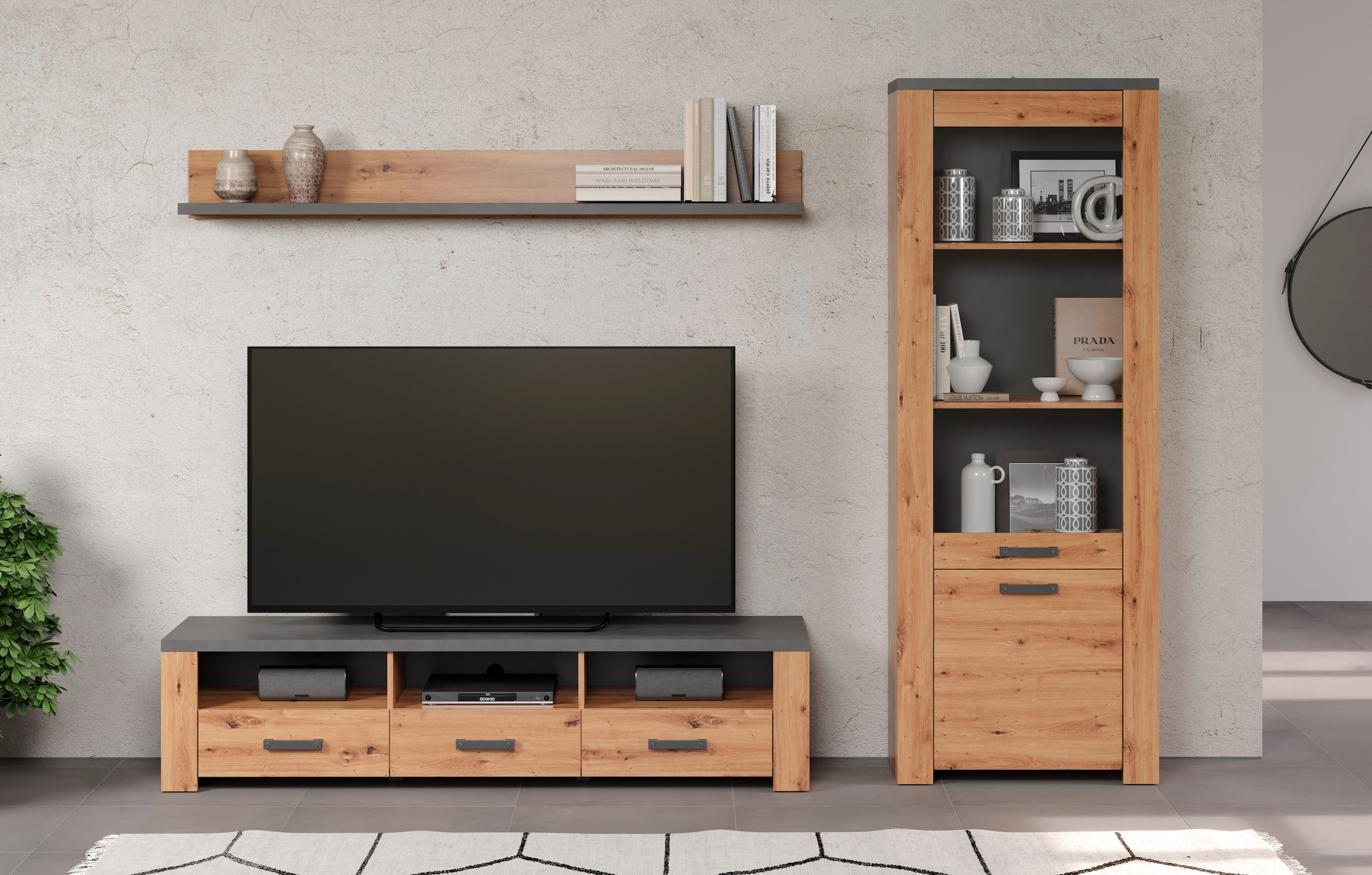 Home affaire TV-Wand »Ambres«, (3 St.), Kleines, modernes TV-SET, Echtholzoptik, Breite ca. 268 cm, matt