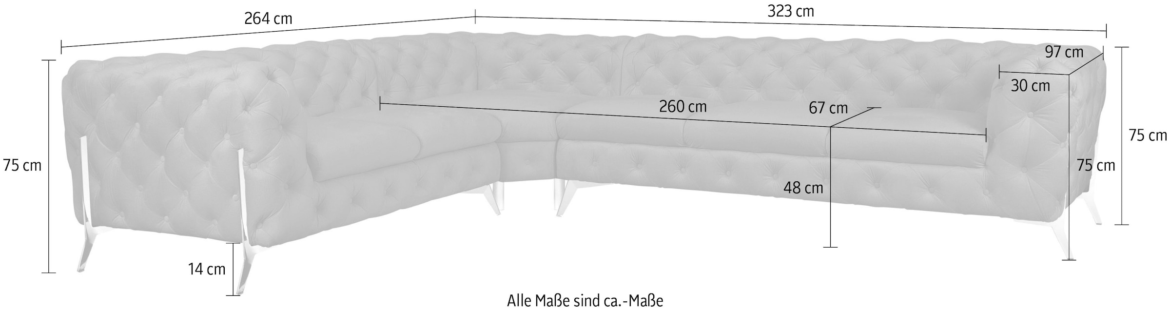 Leonique Chesterfield-Sofa »Amaury L-Form«, grosses Ecksofa, Chesterfield-Optik, Breite 323 cm, Fussfarbe wählbar