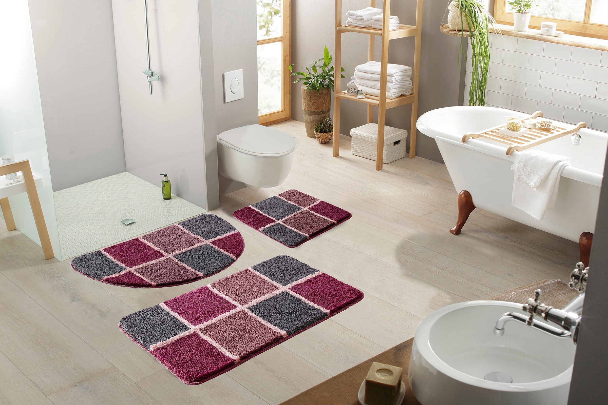 my home Badematte »Anna mit Kachelmuster, Badvorleger, Badezimmer Teppich, Duschvorleger«, rutschhemmend beschichtet, strapazierfähig, Badteppich, Hoch-Tief Effekt, Modern, Weich