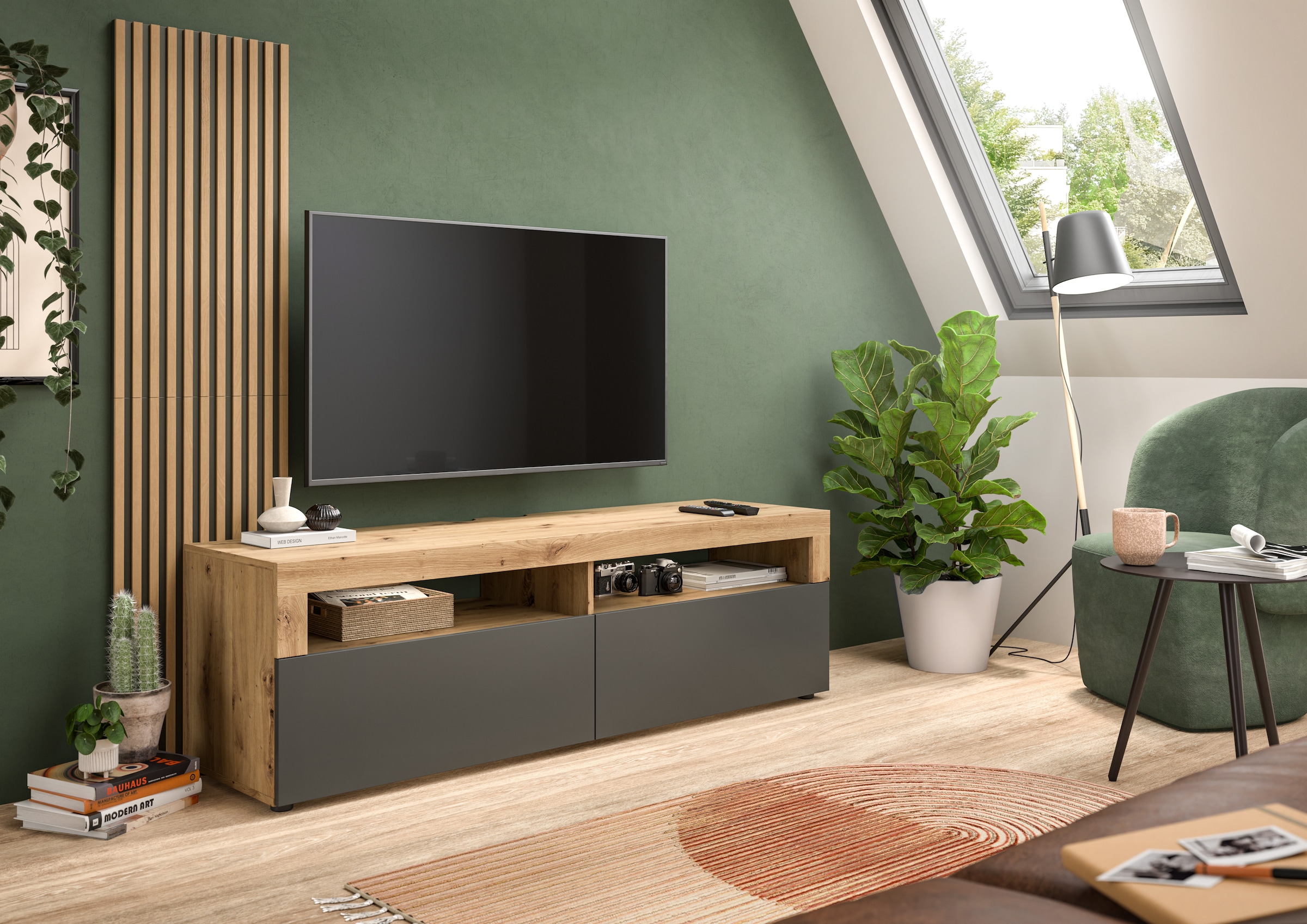 INOSIGN Lowboard »Telli, Breite 160 cm, mit 2 Paneelen, 2 Klappen & 2 offenen Fächern«, TV-Board, TV-Möbel, Media-Möbel, Fernsehschrank