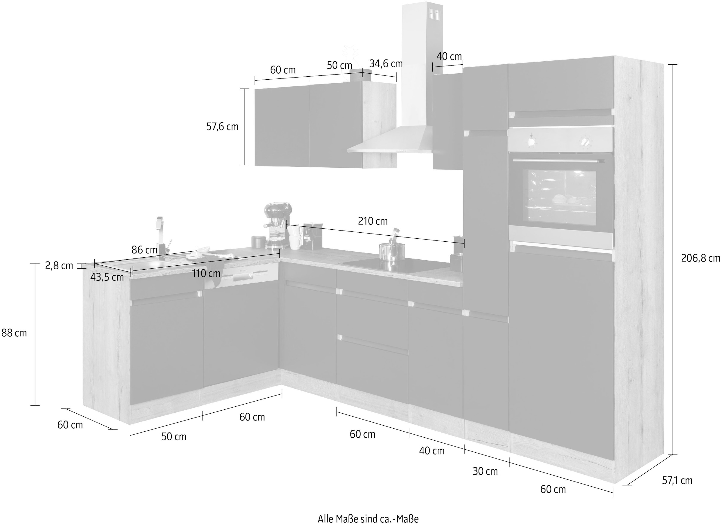 OPTIFIT Winkelküche »Roth«, Stellmasse 300x175 cm, wahlweise mit E-Geräten, mit Apothekerschrank