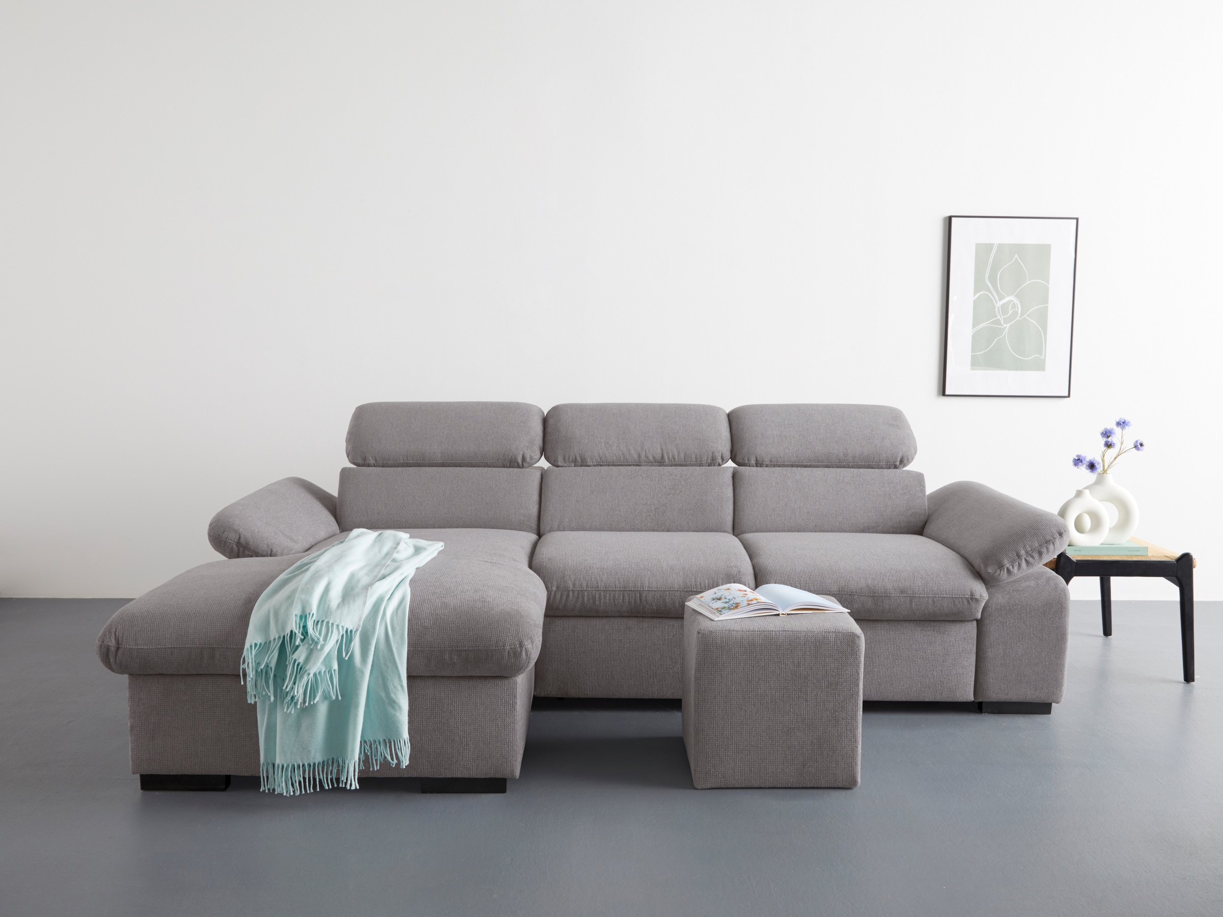 COTTA Ecksofa »Lola L-Form mit Kopfteilfunktion & Hocker«, (Set, mit Hocker), wahlweise mit Bettfunktion, Bettkasten & Armteilverstellung
