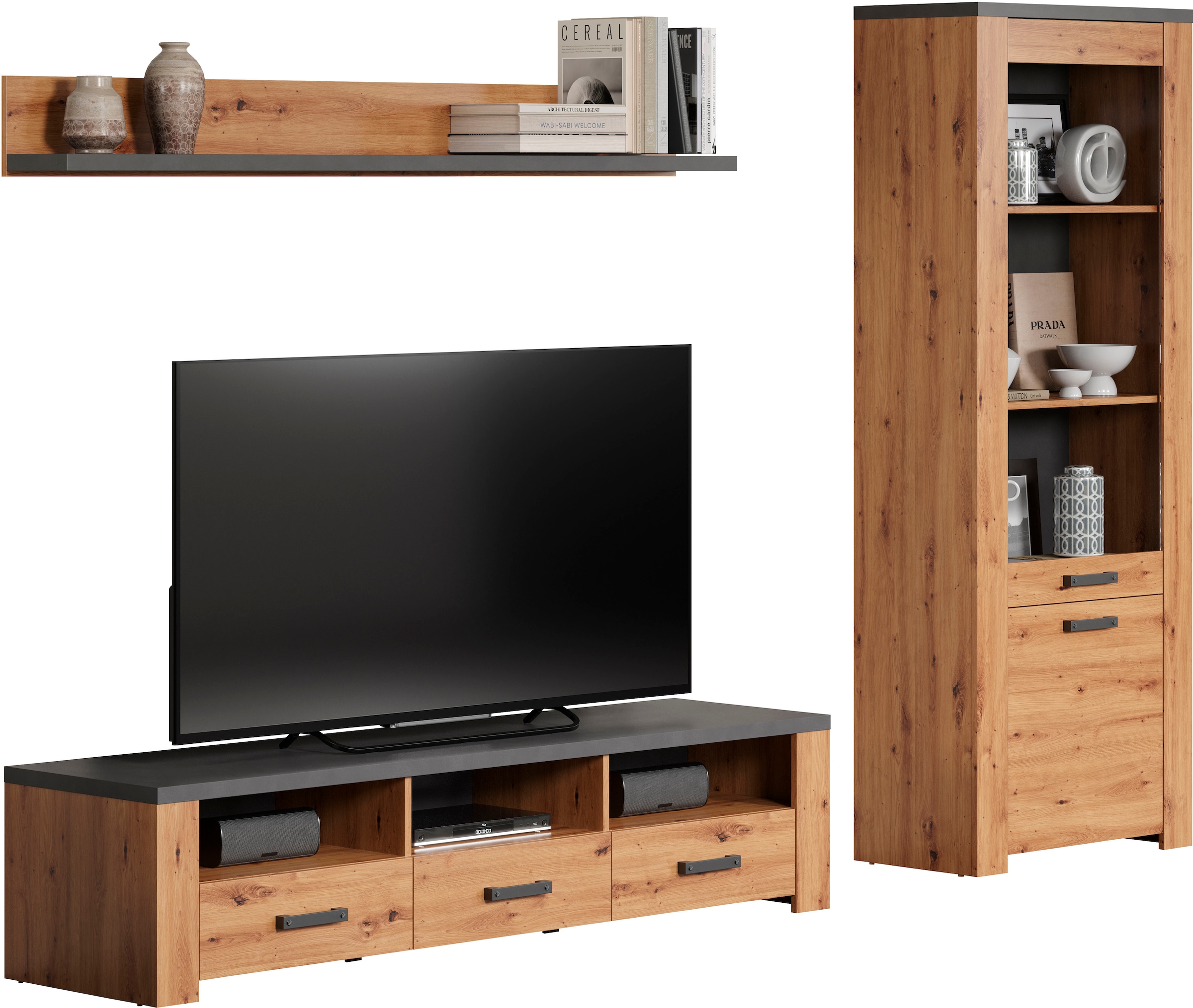 Home affaire TV-Wand »Ambres«, (3 St.), Kleines, modernes TV-SET, Echtholzoptik, Breite ca. 268 cm, matt