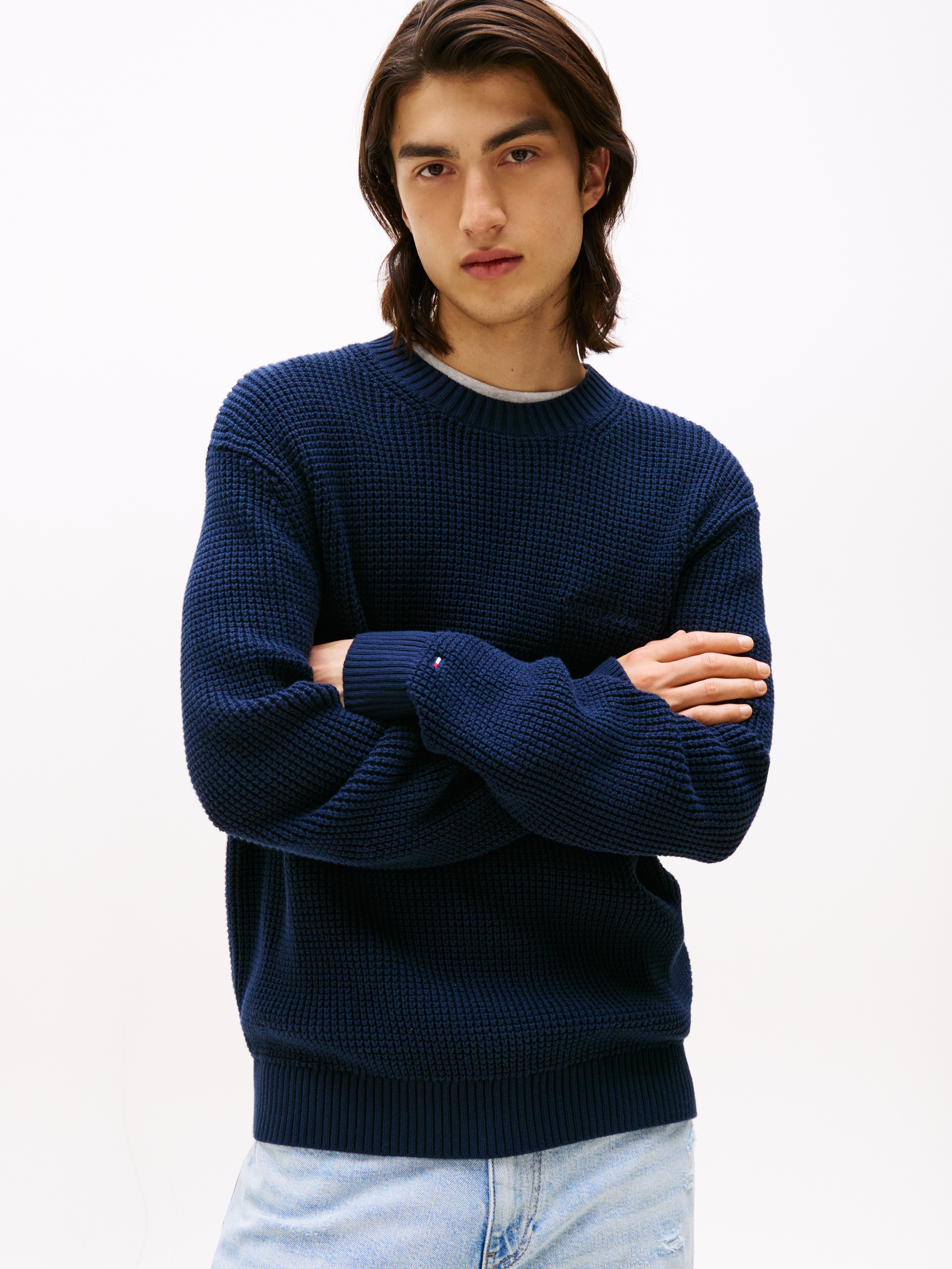 Tommy Jeans Strickpullover "TJM SCRIPT CHUNKY" Regular Fit, Rundhals Waffelpique Strick