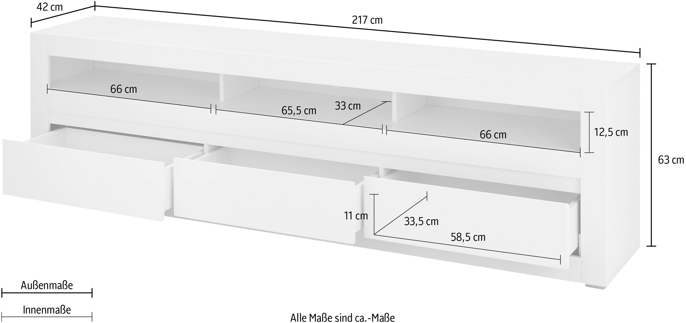 INOSIGN Lowboard »Chester, moderner TV-Unterschrank, Kommode mit Stauraum, Weiss Matt«, (1 St.), austauschbare Blende in Griffleiste, zeitloses Design, 217 cm breit