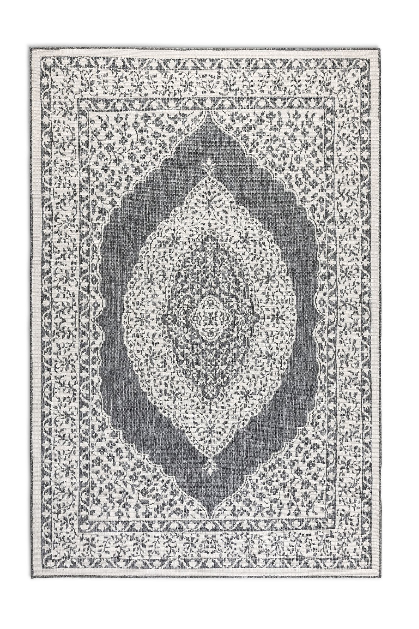 THE RUGS Gemini Reversible Indoor & Outdoor Rug Polypropylene Medallion Rug in Grey | Size: 80cm x 150cm