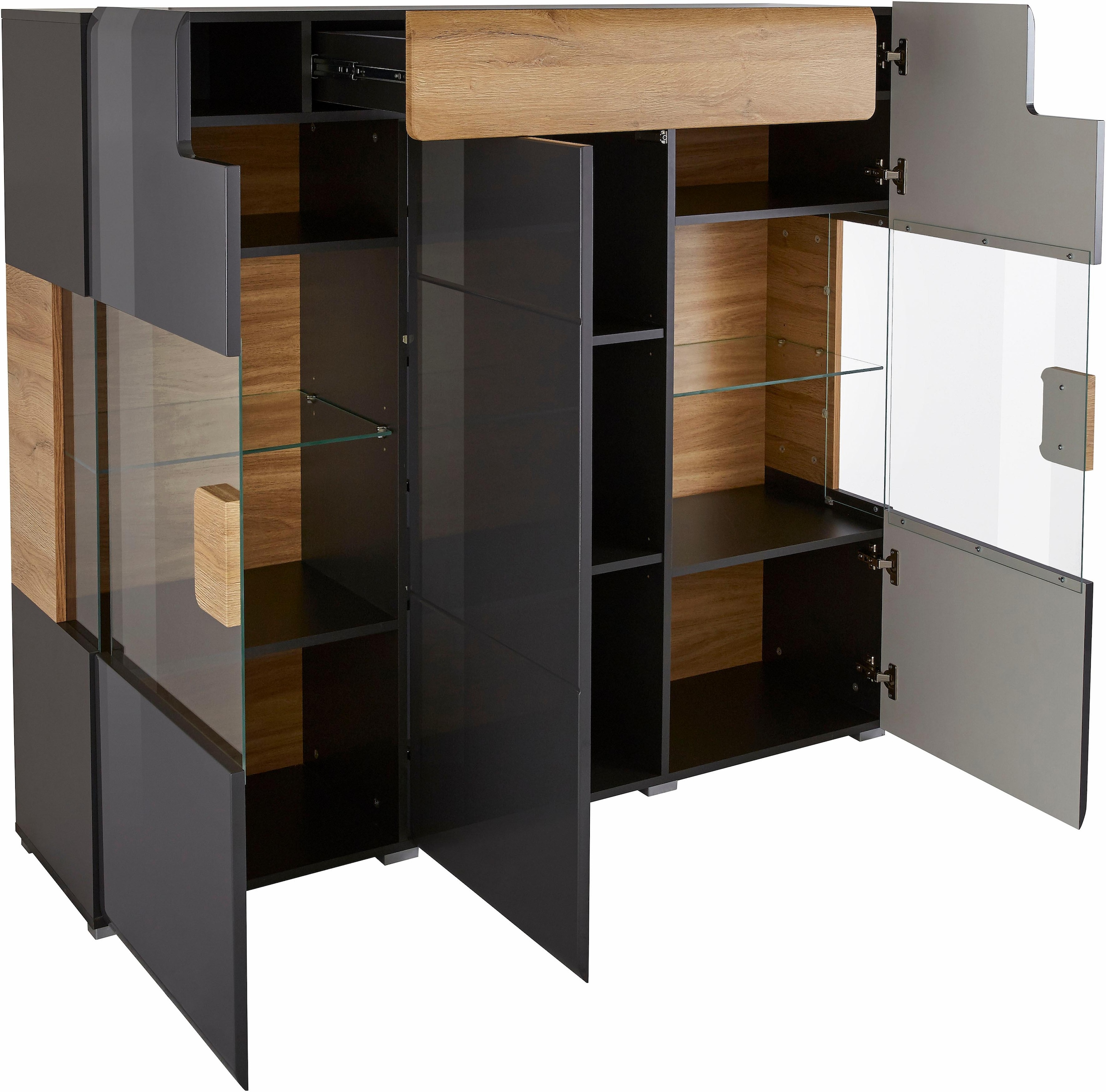 INOSIGN Highboard »Toledo,Breite 147,5cm,trendige Hochkommode mit 3Türen und Schublade«, Hochschrank mit Glas-Partien,stylische Hochglanzfronten