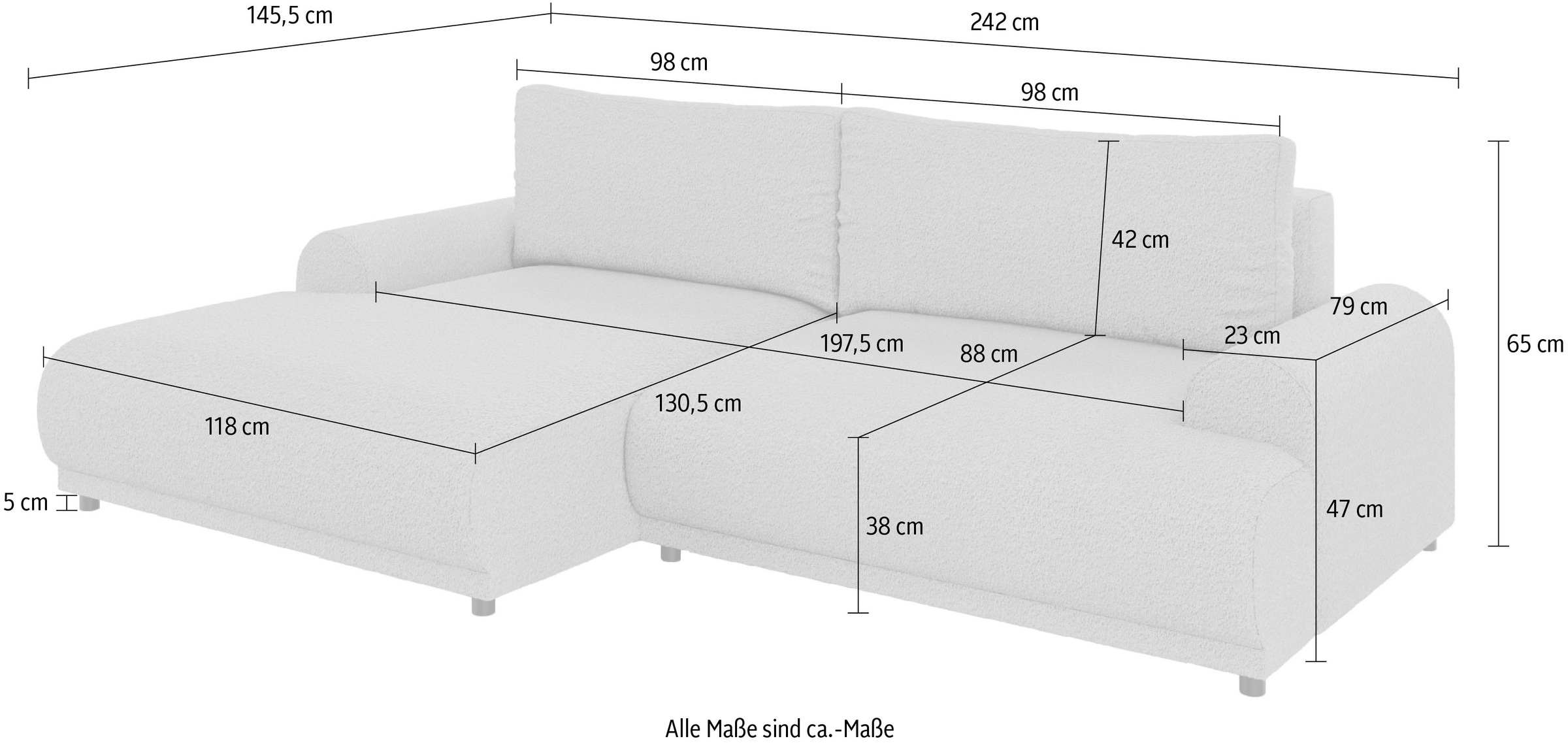 INOSIGN Ecksofa »Marsby, mit Bettfunktion und Bettkasten, Masse: B/H/T 242/65/145 cm«, L-Form mit Wellenunterfederung, Recamiere links oder rechts bestellbar