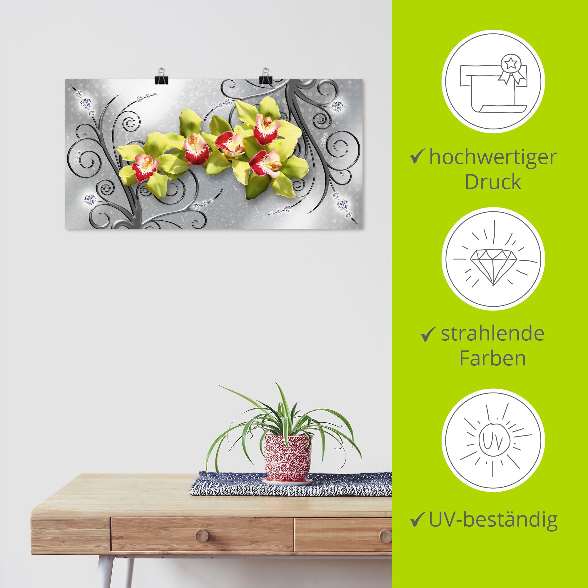 Artland Wandbild »Grüne Orchideen auf Ornamenten«, Blumenbilder, (1 St.), als Alubild, Outdoorbild, Leinwandbild, Poster, Wandaufkleber
