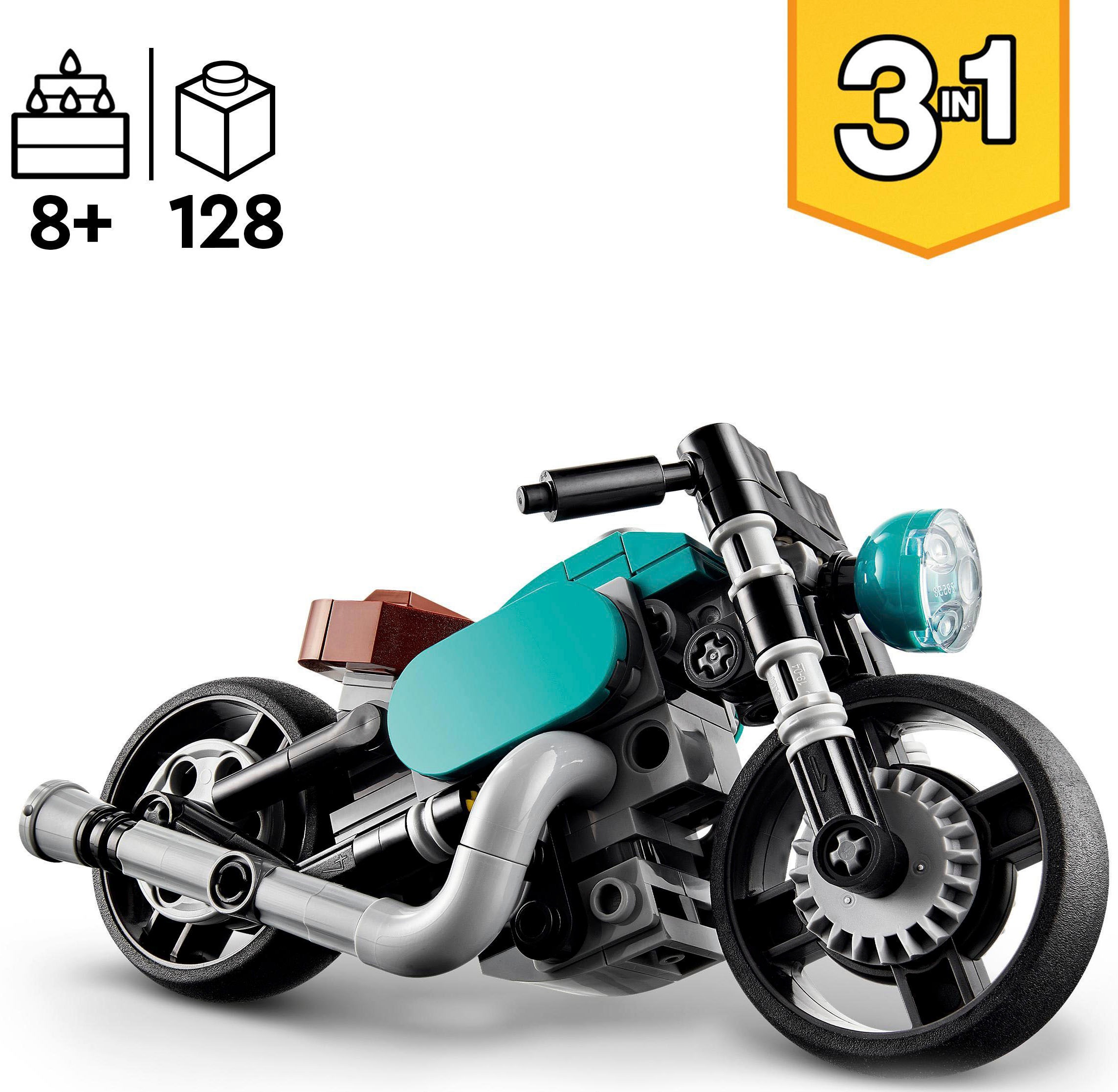 LEGO® Konstruktionsspielsteine »Oldtimer Motorrad (31135), LEGO® Creator 3in1«, (128 St.)