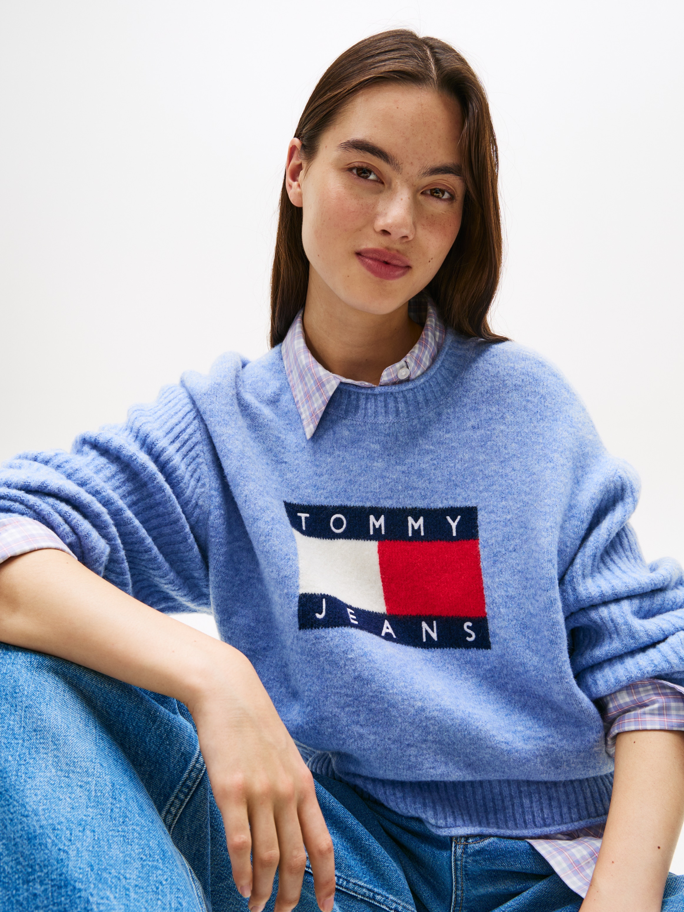 Tommy Jeans Strickpullover »TJW MELANGE FLAG SWEATER RIB EXT«, in gerippter Struktur
