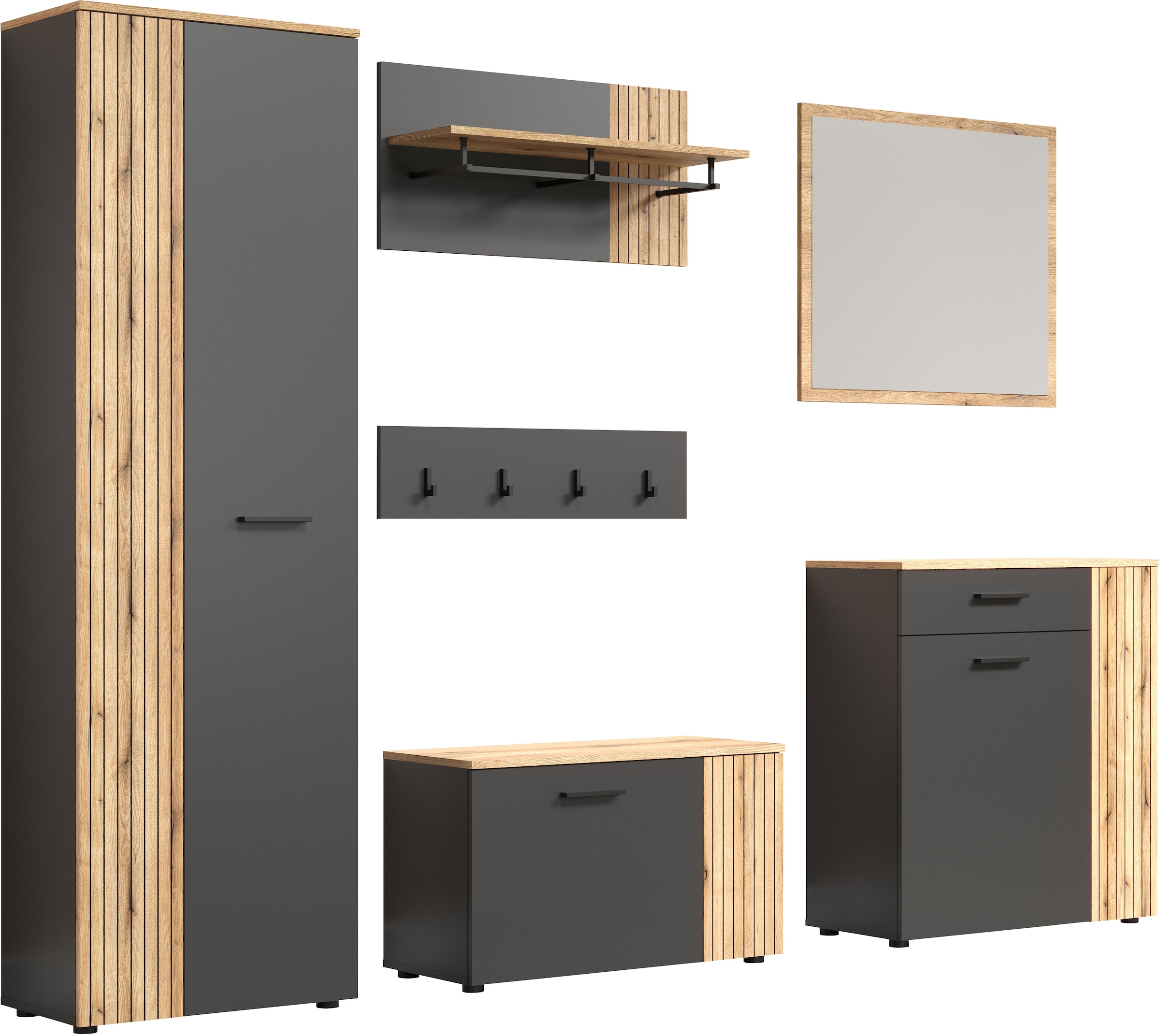 INOSIGN Garderoben-Set »Estepona«, (Komplett-Set, 6 St.), Garderobenmöbel mit Rillenoptik - Masse (B/T/H) 250/36/195 cm