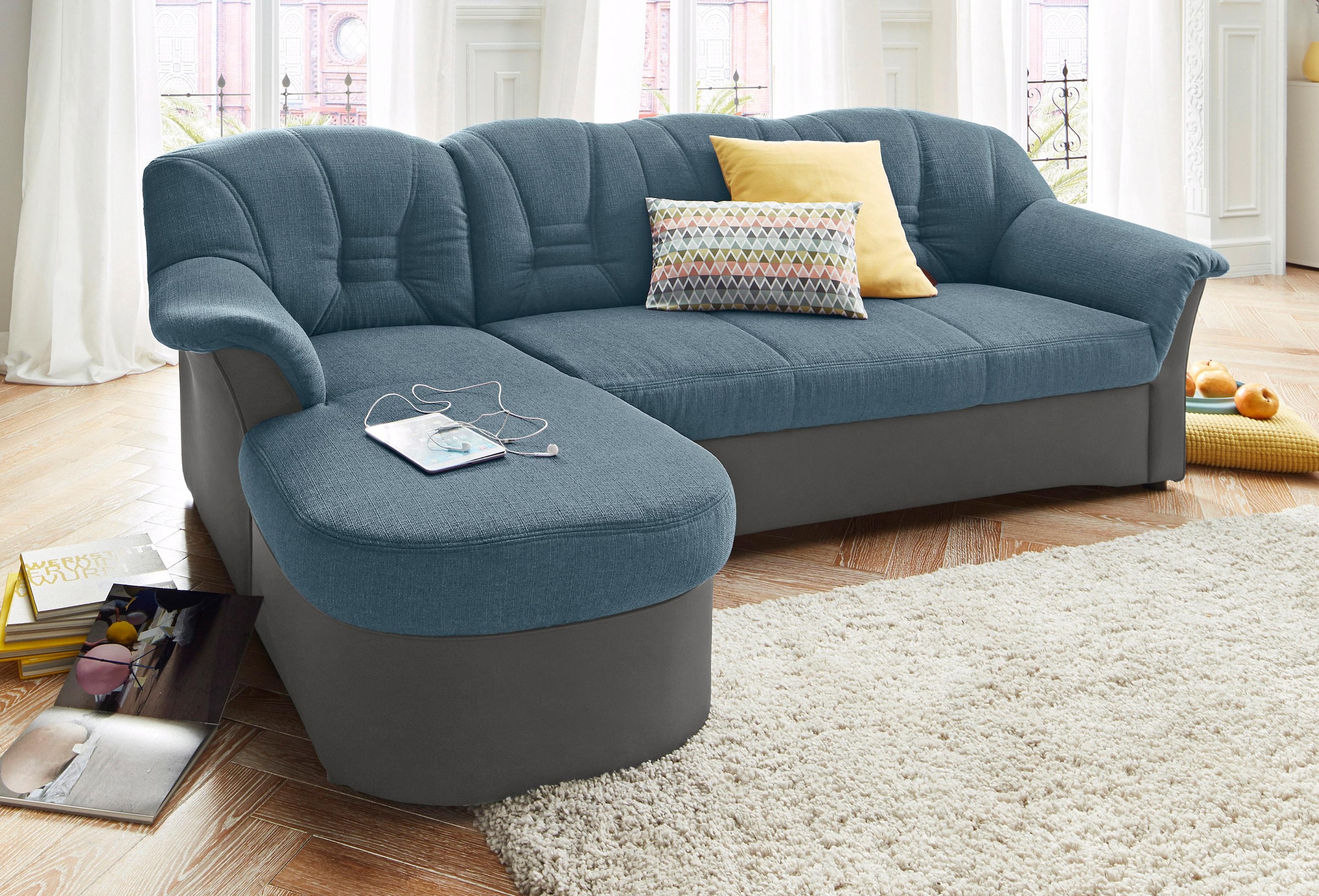 DOMO collection Ecksofa "Elva, zeitloses Design, elegante Rückensteppung, Breite 233cm L-Form" wahlweise mit Bettfunktion und Federkern