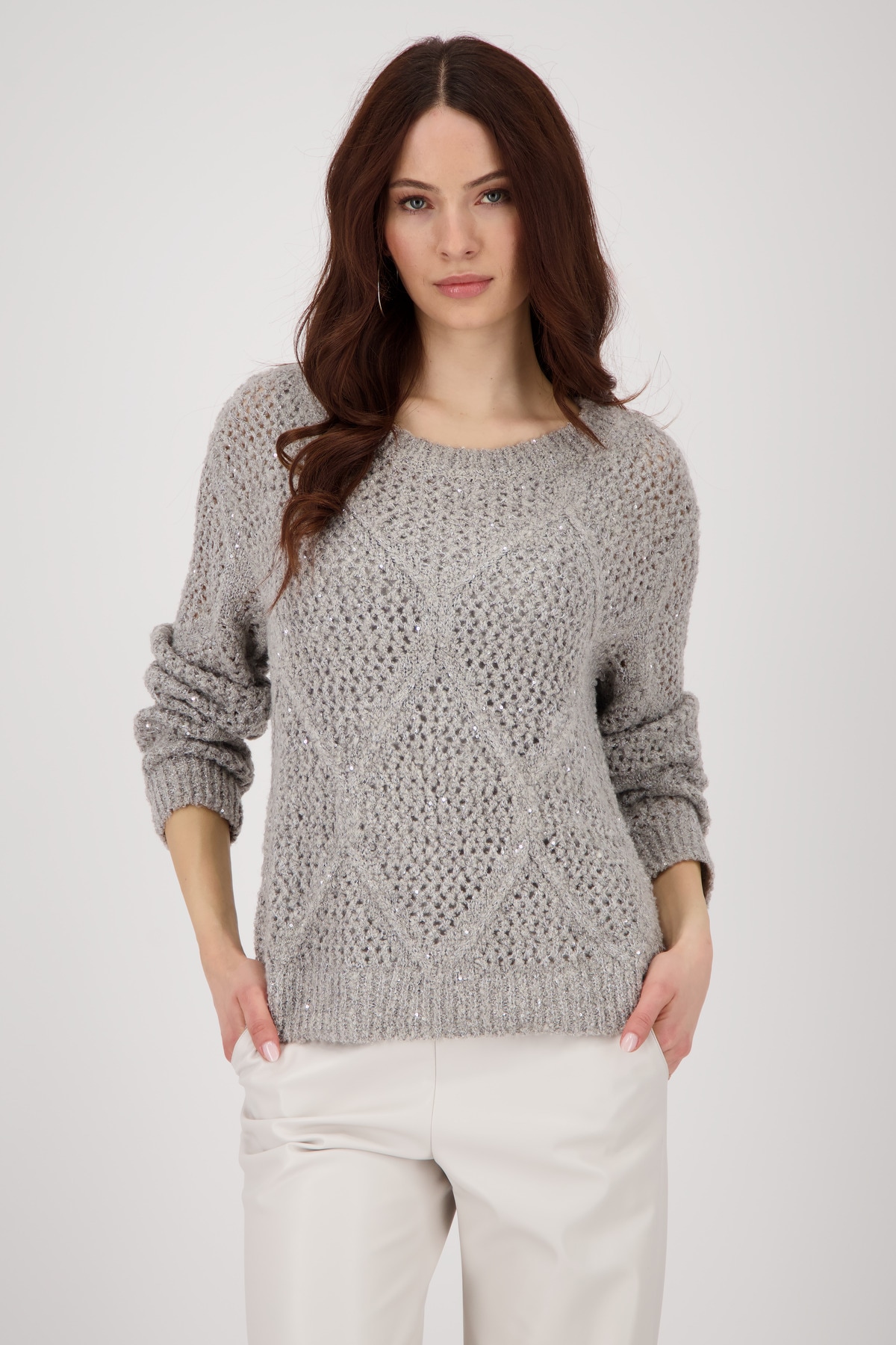 Monari Strickpullover »Pullover Ajour Paillette« Mit Rundhalsausschnitt