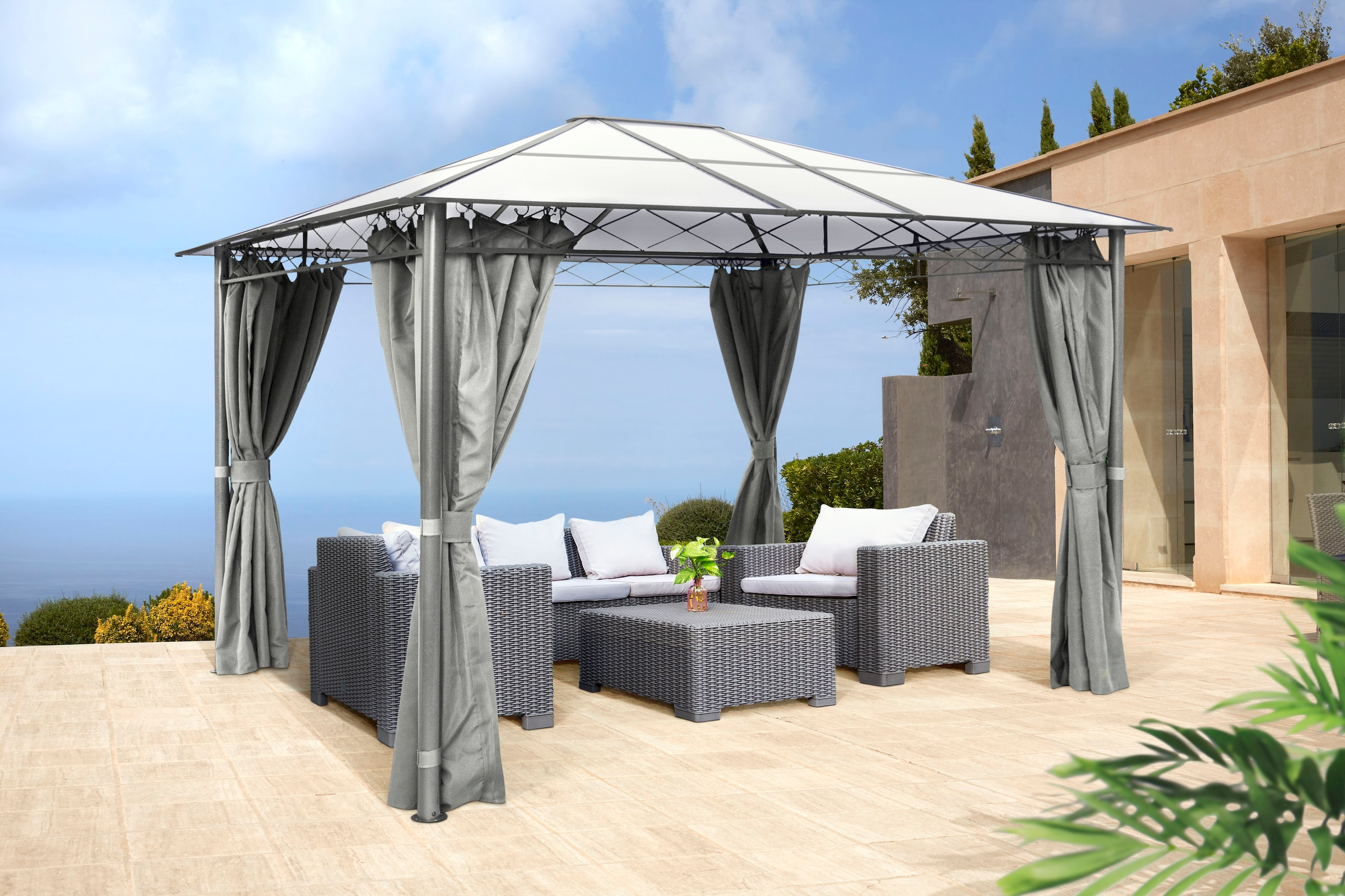 KONIFERA Pavillon »Nizza«, 360x300 cm, Stahlgestell, Polycarbonat-Dachplatten, inkl. Moskitonetze