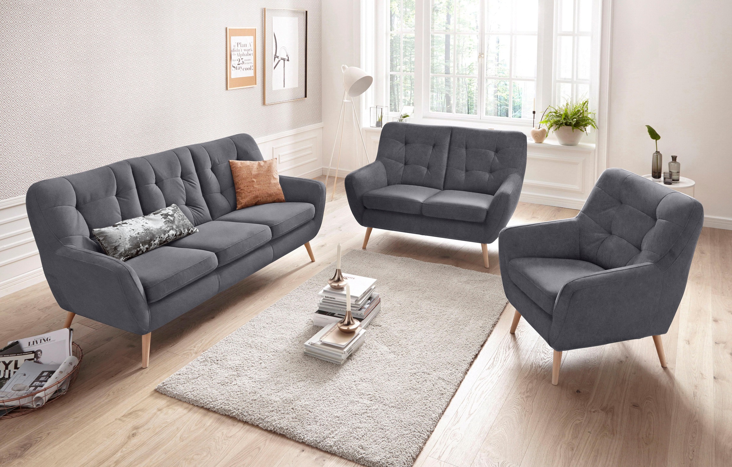 exxpo - sofa fashion 3-Sitzer »Scandi, bequem, aufwendige Rückenpolsterung für mehr Sitzkomfort«, aktuelle Farben in hochwertigen Bezugsqualitäten, Holzfuss