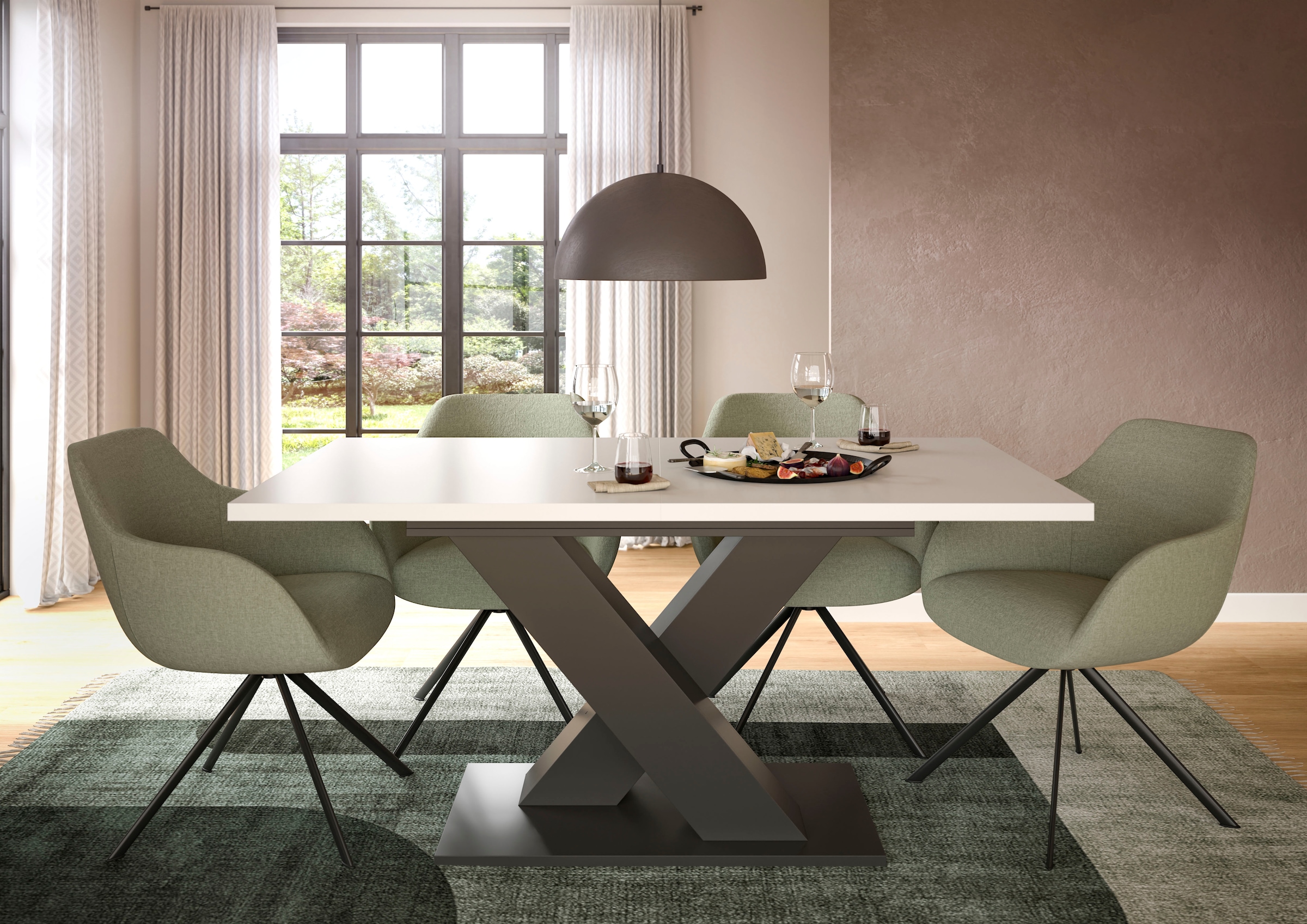 INOSIGN Esstisch »Motus, ausziehbar 150 -190 cm, inklusive 40 cm Einlegeplatte«, (Set, 1 St.), X-Gestell mit Bodenplatte, Tisch, Küchentisch, Esszimmer, Küche